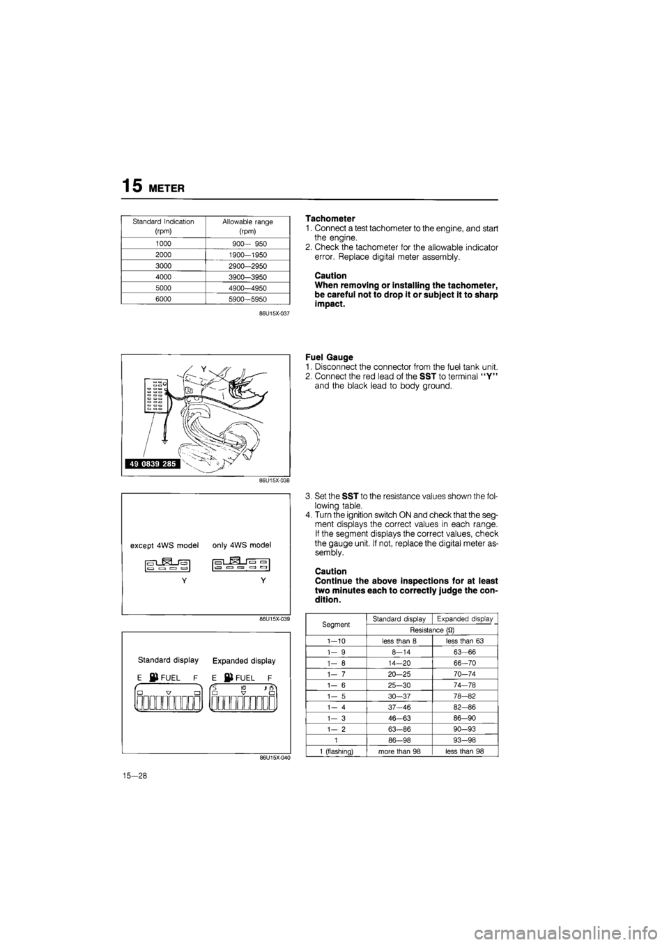 MAZDA 626 1987 User Guide
15 METER
Standard Indication
(rpm)
Allowable range
(rpm)
1000
900—
950
2000 1900-1950
3000 2900—2950
4000 3900-3950
5000 4900—4950
6000 5900-5950
86U15X-037
86U15X-038
86U1 MAZDA 626 1987 User Guide
15 METER
Standard Indication
(rpm)
Allowable range
(rpm)
1000
900—
950
2000 1900-1950
3000 2900—2950
4000 3900-3950
5000 4900—4950
6000 5900-5950
86U15X-037
86U15X-038
86U1