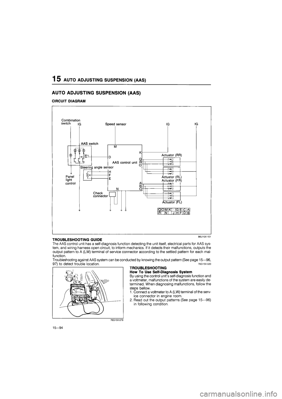 MAZDA 626 1987 Workshop Manual
1 5 AUTO ADJUSTING SUSPENSION (AAS)
AUTO ADJUSTING SUSPENSION (AAS)
CIRCUIT DIAGRAM
Combination switch iq Speed sensor
M
Panel light
control
AAS control unit
Steering angle sensor
H
N
Chec MAZDA 626 1987 Workshop Manual
1 5 AUTO ADJUSTING SUSPENSION (AAS)
AUTO ADJUSTING SUSPENSION (AAS)
CIRCUIT DIAGRAM
Combination switch iq Speed sensor
M
Panel light
control
AAS control unit
Steering angle sensor
H
N
Chec