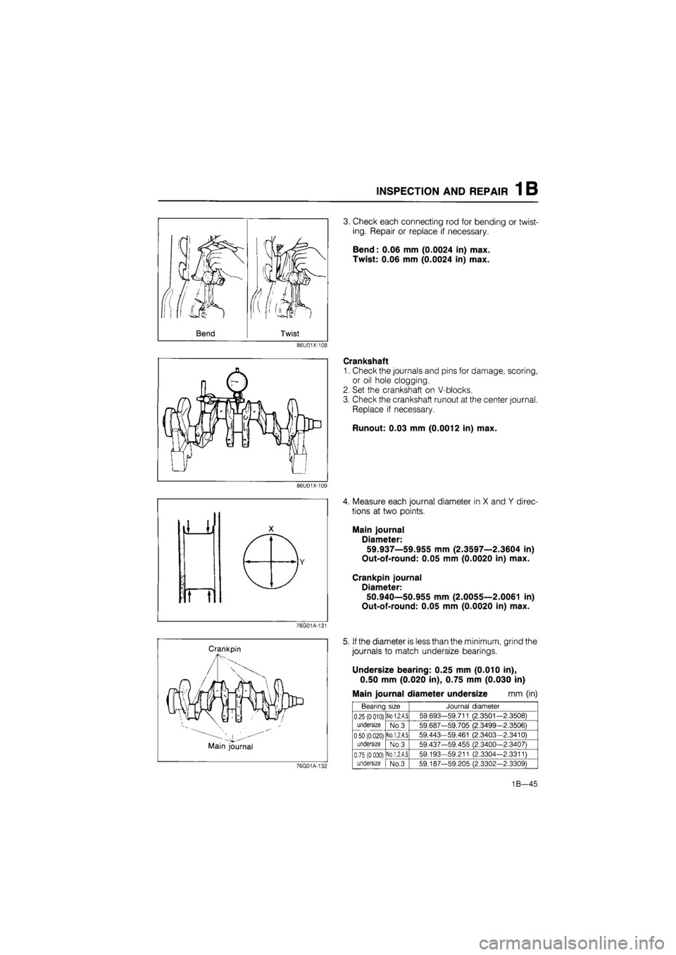 MAZDA 626 1987 Workshop Manual
INSPECTION AND REPAIR 1 B
3. Check each connecting rod for bending or twist-
ing. Repair or replace if necessary.
Bend: 0.06 mm (0.0024 in) max.
Twist: 0.06 mm (0.0024 in) max.
86U01X-108
Cranks MAZDA 626 1987 Workshop Manual
INSPECTION AND REPAIR 1 B
3. Check each connecting rod for bending or twist-
ing. Repair or replace if necessary.
Bend: 0.06 mm (0.0024 in) max.
Twist: 0.06 mm (0.0024 in) max.
86U01X-108
Cranks