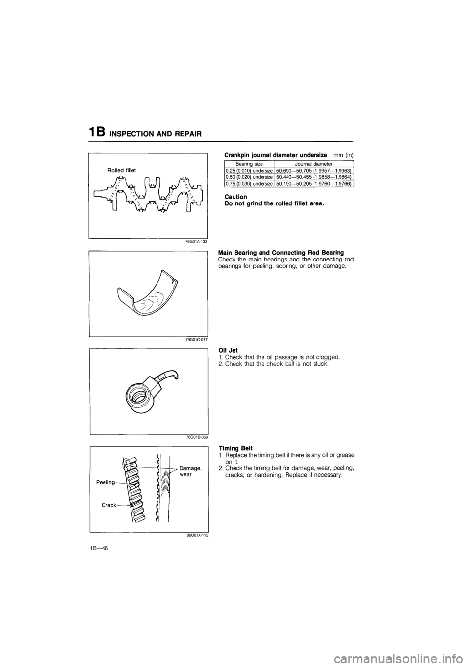 MAZDA 626 1987 Workshop Manual
INSPECTION AND REPAIR 1 B
Rolled fillet
Crankpin journal diameter undersize mm (in)
Bearing size Journal diameter
0.25 (0.010) undersize 50.690-50.705 (1.9957—1.9963)
0.50 (0.020) undersize 50 MAZDA 626 1987 Workshop Manual
INSPECTION AND REPAIR 1 B
Rolled fillet
Crankpin journal diameter undersize mm (in)
Bearing size Journal diameter
0.25 (0.010) undersize 50.690-50.705 (1.9957—1.9963)
0.50 (0.020) undersize 50