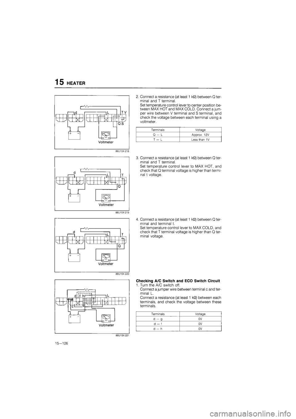 MAZDA 626 1987 Workshop Manual
15 HEATER
86U15X-218
86U15X-219
86U15X-220
r.". 1
T 1 11 1.11 -4
y -L -v* X /
1
C I y
1 A +
Voltmeter
2. Connect a resistance (at least 1 kfi) between Q ter-
minal and T terminal.
Set tem MAZDA 626 1987 Workshop Manual
15 HEATER
86U15X-218
86U15X-219
86U15X-220
r.". 1
T 1 11 1.11 -4
y -L -v* X /
1
C I y
1 A +
Voltmeter
2. Connect a resistance (at least 1 kfi) between Q ter-
minal and T terminal.
Set tem