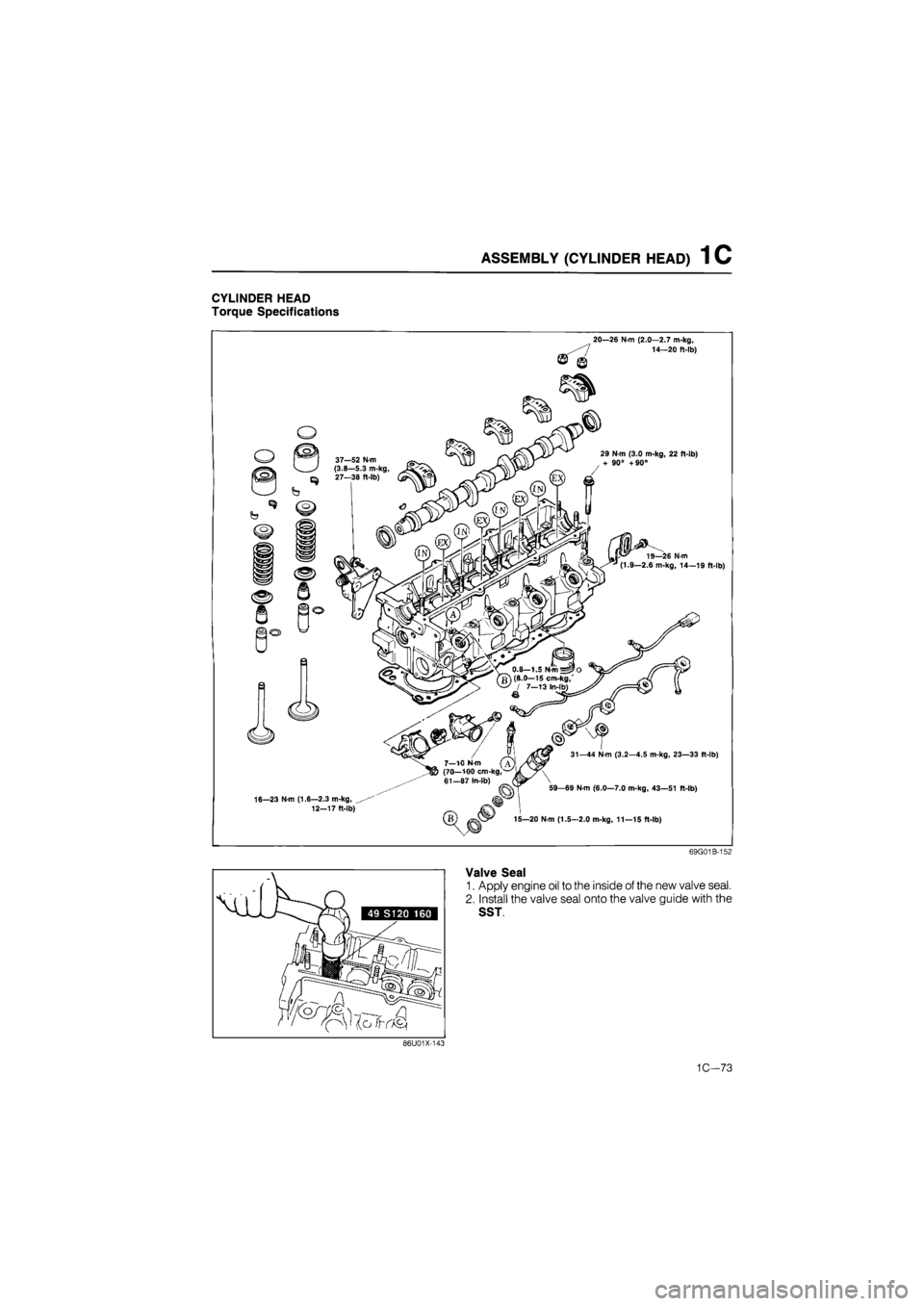 MAZDA 626 1987  Workshop Manual 
ASSEMBLY (CYLINDER HEAD) 1 C 
CYLINDER HEAD 
Torque Specifications 
20—26 N-m (2.0—2.7 m-kg, 14—20 ft-lb) 
o 
29 N-m (3.0 m-kg, 22 ft-lb) + 90° +90° 
b 
b 
19—26 N-m (1.9—2.6 m-kg, 14—1
