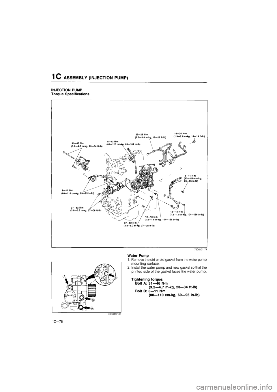 MAZDA 626 1987  Workshop Manual 
1 C ASSEMBLY (INJECTION PUMP) 
INJECTION PUMP 
Torque Specifications 
25—29 N-m (2.5-3.0 m-kg, 18—22 ft-lb) 
19—26 N-m (1.9—2.6 m-kg, 14—19 ft-lb) 
31—46 N-m (3.2—4.7 m-kg, 23—34 ft-l