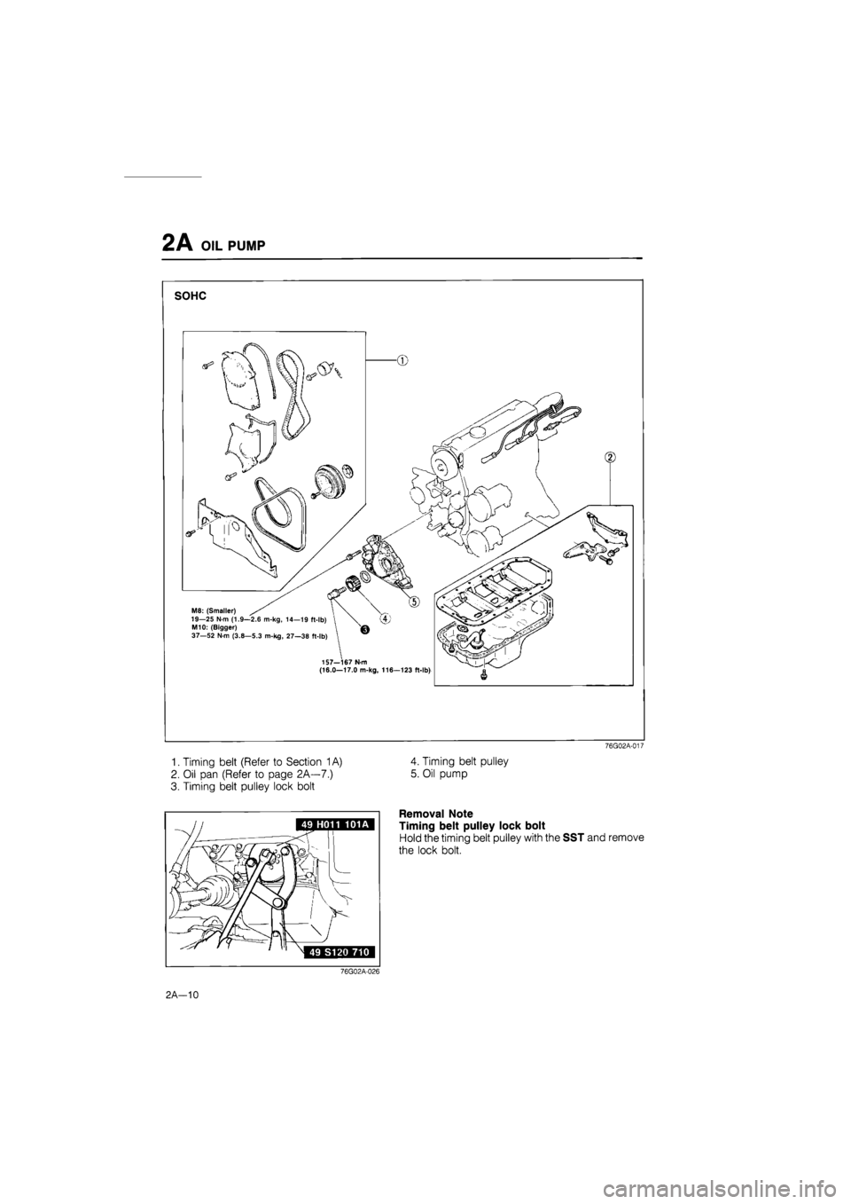 MAZDA 626 1987  Workshop Manual 
2A OIL PUMP 
SOHC 
1. Timing belt (Refer to Section
 1
 A) 
2. Oil pan (Refer to page 2k—1) 
3. Timing belt pulley lock bolt 
76G02A-017 
4. Timing belt pulley 
5. Oil pump 
Removal Note 
Timing be