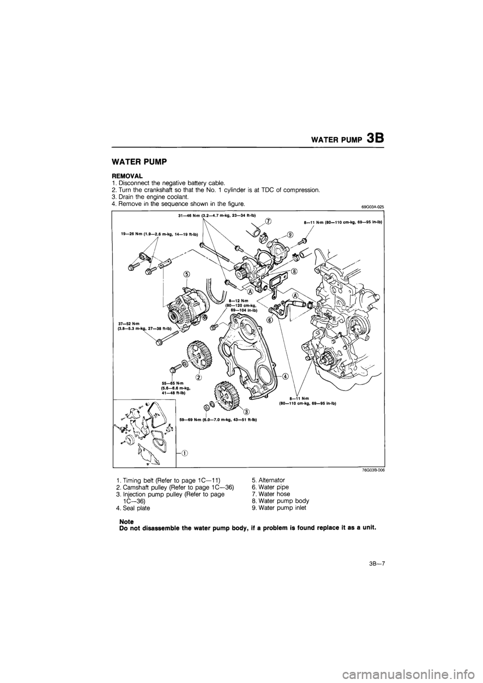 MAZDA 626 1987 Workshop Manual
WATER PUMP 3B
WATER PUMP
REMOVAL
1. Disconnect the negative battery cable.
2. Turn the crankshaft so that the No. 1 cylinder is at TDC of compression.
3. Drain the engine coolant.
4. Remove in MAZDA 626 1987 Workshop Manual
WATER PUMP 3B
WATER PUMP
REMOVAL
1. Disconnect the negative battery cable.
2. Turn the crankshaft so that the No. 1 cylinder is at TDC of compression.
3. Drain the engine coolant.
4. Remove in