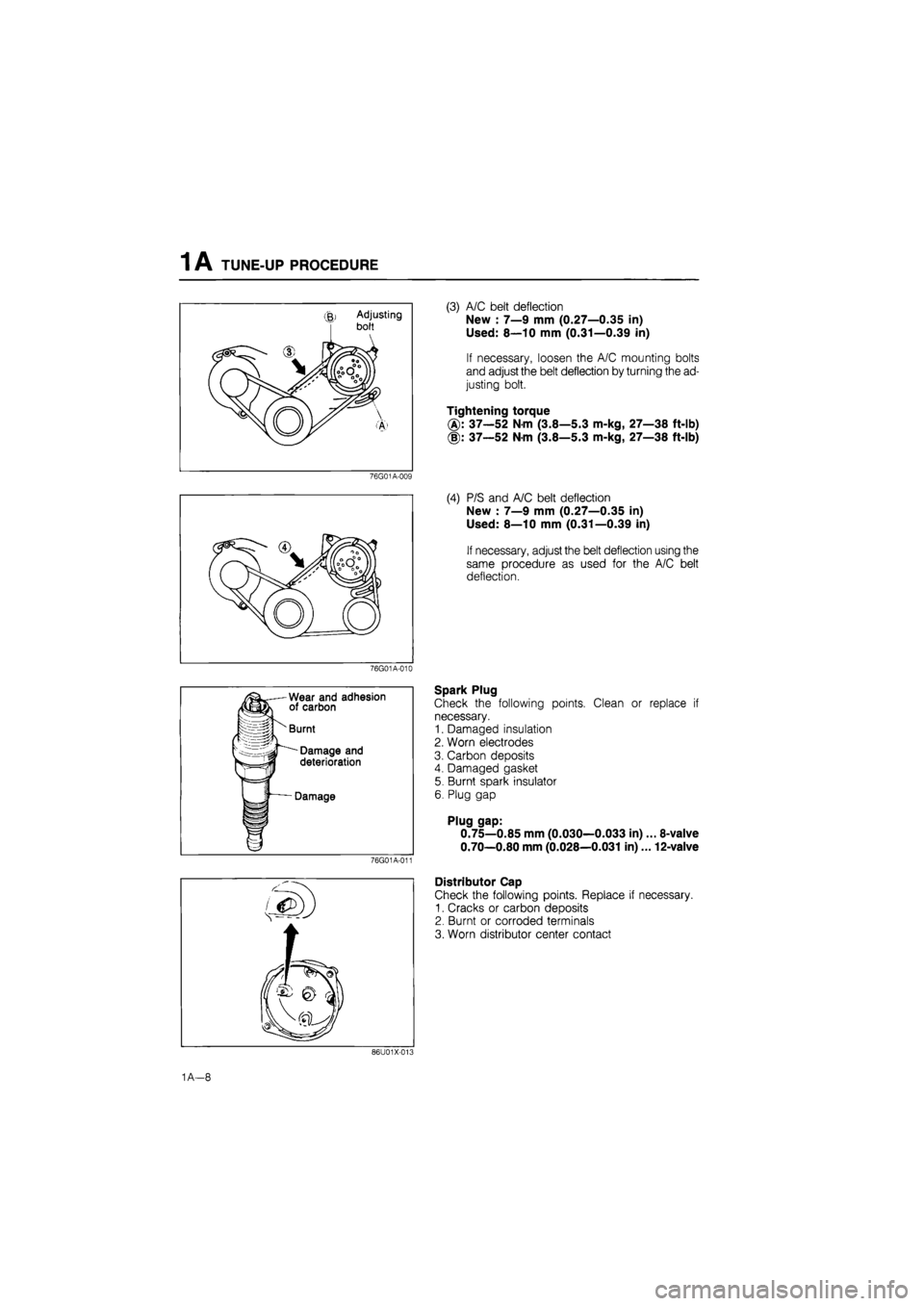 MAZDA 626 1987 Workshop Manual
1A TUNE-UP PROCEDURE
76G01A-009
76G01A-010
Wear and adhesion of carbon
Burnt
Damage and
deterioration
Damage
76G01A-011
(3) A/C belt deflection
New : 7—9 mm (0.27—0.35 in)
Used: 8—10 MAZDA 626 1987 Workshop Manual
1A TUNE-UP PROCEDURE
76G01A-009
76G01A-010
Wear and adhesion of carbon
Burnt
Damage and
deterioration
Damage
76G01A-011
(3) A/C belt deflection
New : 7—9 mm (0.27—0.35 in)
Used: 8—10