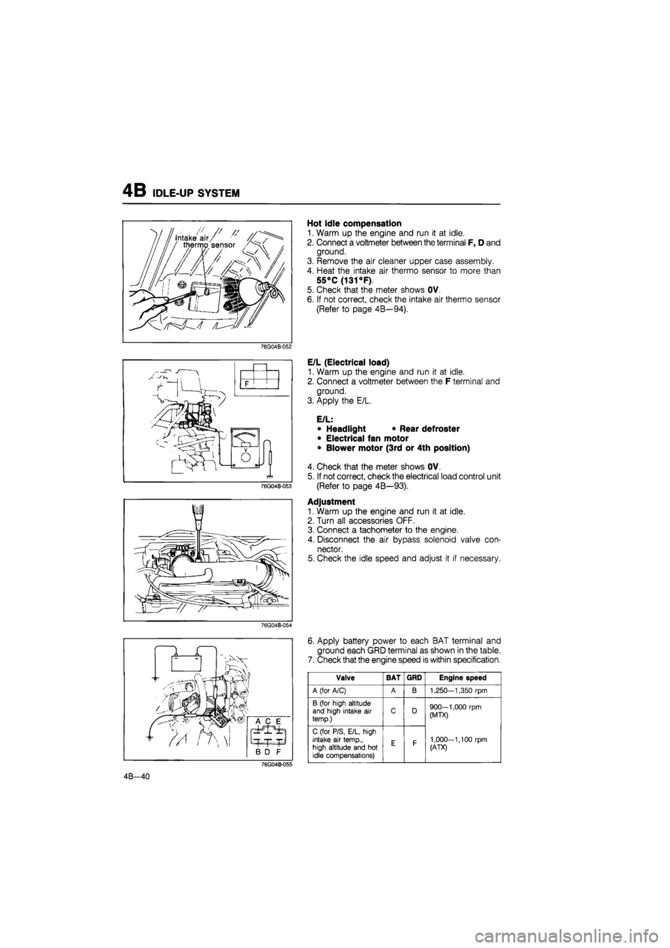 MAZDA 626 1987 Owners Manual
4B IDLE-UP SYSTEM
76G04B-052
76G04B-053
76G04B-054
Hot idle compensation
1. Warm up the engine and run it at idle.
2. Connect a voltmeter between the terminal F, D and
ground.
3. Remove the a MAZDA 626 1987 Owners Manual
4B IDLE-UP SYSTEM
76G04B-052
76G04B-053
76G04B-054
Hot idle compensation
1. Warm up the engine and run it at idle.
2. Connect a voltmeter between the terminal F, D and
ground.
3. Remove the a
