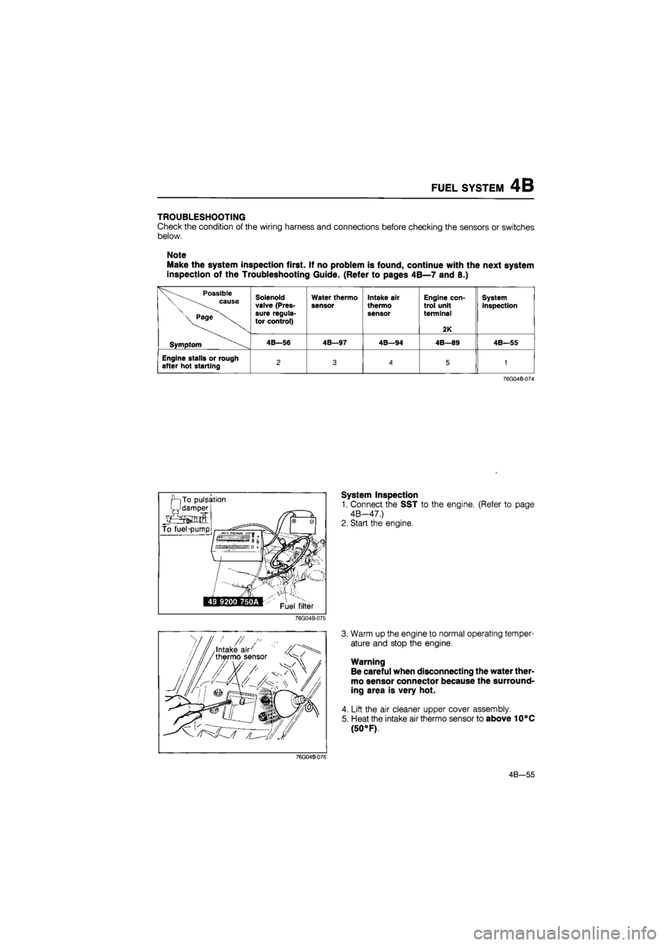 MAZDA 626 1987 Owners Manual
FUEL SYSTEM 4B
TROUBLESHOOTING
Check the condition of the wiring harness and connections before checking the sensors or switches
below.
Note
Make the system inspection first. If no problem is fo MAZDA 626 1987 Owners Manual
FUEL SYSTEM 4B
TROUBLESHOOTING
Check the condition of the wiring harness and connections before checking the sensors or switches
below.
Note
Make the system inspection first. If no problem is fo