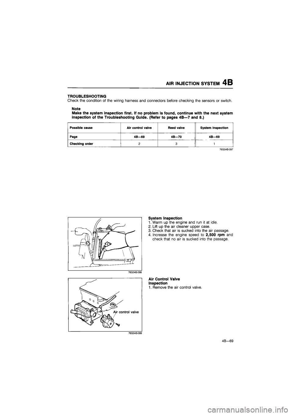 MAZDA 626 1987 Owners Guide
AIR INJECTION SYSTEM 4B
TROUBLESHOOTING
Check the condition of the wiring harness and connectors before checking the sensors or switch.
Note
Make the system inspection first. If no problem is fou MAZDA 626 1987 Owners Guide
AIR INJECTION SYSTEM 4B
TROUBLESHOOTING
Check the condition of the wiring harness and connectors before checking the sensors or switch.
Note
Make the system inspection first. If no problem is fou