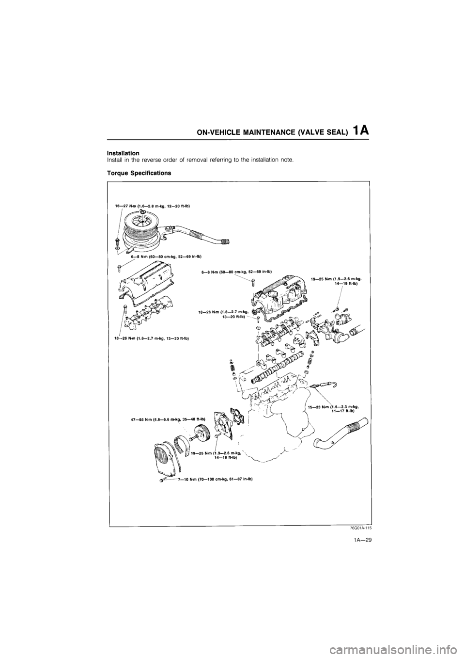 MAZDA 626 1987 Workshop Manual
1 A ON-VEHICLE MAINTENANCE (VALVE SEAL)
Installation
Install in the reverse order of removal referring to the installation note.
Torque Specifications
16—27 N-m (1.6—2.8 m-kg, 12—20 ft-lb) MAZDA 626 1987 Workshop Manual
1 A ON-VEHICLE MAINTENANCE (VALVE SEAL)
Installation
Install in the reverse order of removal referring to the installation note.
Torque Specifications
16—27 N-m (1.6—2.8 m-kg, 12—20 ft-lb)