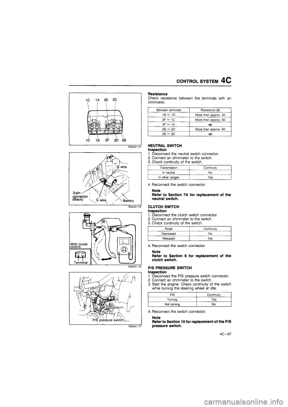 MAZDA 626 1987 Workshop Manual
CONTROL SYSTEM 4C
Resistance
Check resistance between the terminals with an
ohmmeter.
Between terminals Resistance (Q)
1B « 1D More than approx. 20
2F <- 1C More than approx. 60
2F « 1A oo
MAZDA 626 1987 Workshop Manual
CONTROL SYSTEM 4C
Resistance
Check resistance between the terminals with an
ohmmeter.
Between terminals Resistance (Q)
1B « 1D More than approx. 20
2F <- 1C More than approx. 60
2F « 1A oo