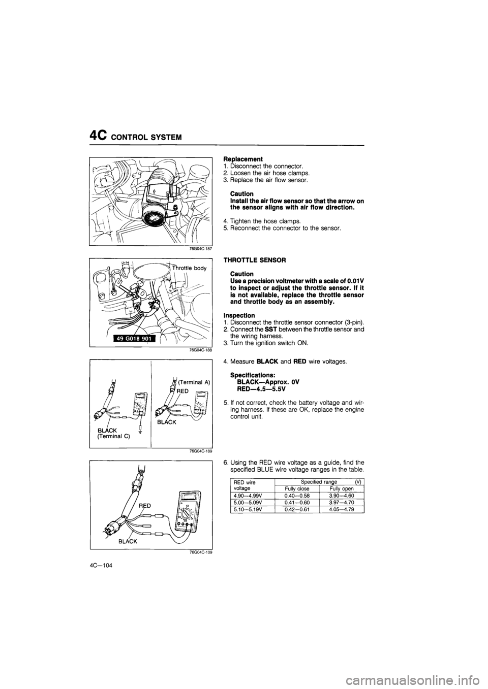 MAZDA 626 1987 Manual Online
4C CONTROL SYSTEM
Jjf (Terminal A)
n PI
WRED r^j
BLACK
BLACK 1 (Terminal C)
76G04C-189
Replacement
1. Disconnect the connector.
2. Loosen the air hose clamps.
3. Replace the air flow sensor MAZDA 626 1987 Manual Online
4C CONTROL SYSTEM
Jjf (Terminal A)
n PI
WRED r^j
BLACK
BLACK 1 (Terminal C)
76G04C-189
Replacement
1. Disconnect the connector.
2. Loosen the air hose clamps.
3. Replace the air flow sensor