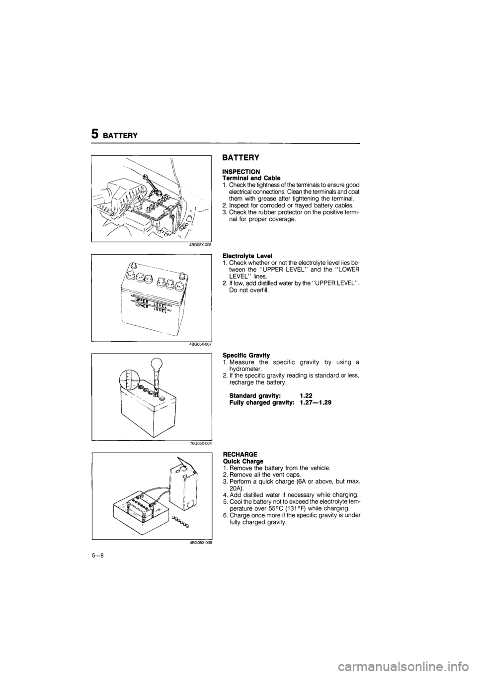 MAZDA 626 1987 Workshop Manual
5 BATTERY
BATTERY
INSPECTION
Terminal and Cable
1. Check the tightness of the terminals to ensure good
electrical connections. Clean the terminals and coat
them with grease after tightening the MAZDA 626 1987 Workshop Manual
5 BATTERY
BATTERY
INSPECTION
Terminal and Cable
1. Check the tightness of the terminals to ensure good
electrical connections. Clean the terminals and coat
them with grease after tightening the