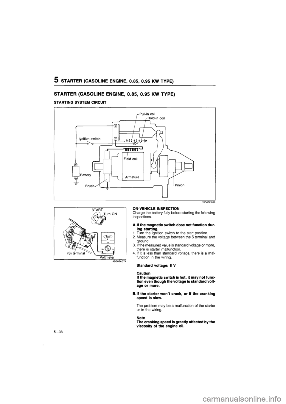 MAZDA 626 1987  Workshop Manual 
5 STARTER (GASOLINE ENGINE, 0.85, 0.95 KW TYPE) 
STARTER (GASOLINE
 ENGINE, 0.85, 0.95
 KW TYPE) 
STARTING SYSTEM CIRCUIT 
76G05X-039 
START 
i Turn ON 
(S) terminal 
0 
t* t 
Voltmeter 
4BG05X-074 

