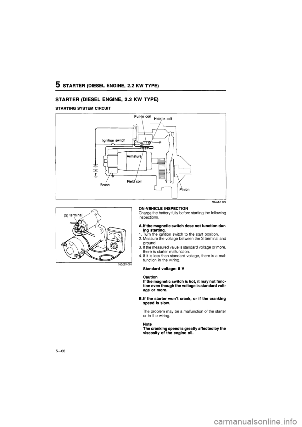 MAZDA 626 1987  Workshop Manual 
5 STARTER (DIESEL ENGINE, 2.0 KW TYPE) 
STARTER (DIESEL
 ENGINE, 2.2
 KW TYPE) 
STARTING SYSTEM CIRCUIT 
4BG05X-106 
76G05X-060 
ON-VEHICLE INSPECTION 
Charge the battery fully before starting the fo
