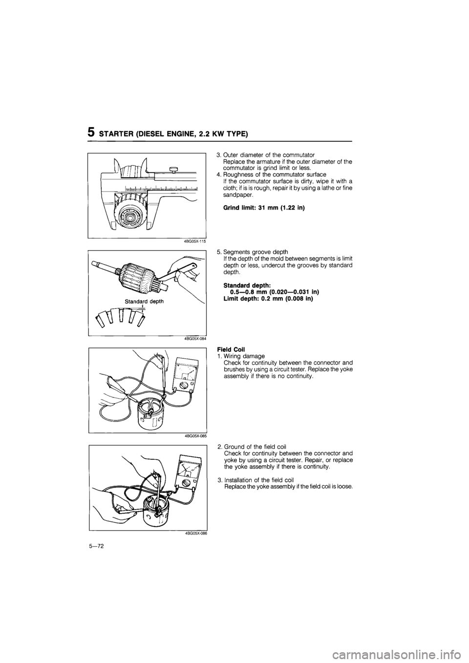 MAZDA 626 1987 Workshop Manual
5 STARTER (DIESEL ENGINE, 2.2 KW TYPE)
4BG05X-115
4BG05X-085
3. Outer diameter of the commutator
Replace the armature if the outer diameter of the
commutator is grind limit or less.
4. Roughnes MAZDA 626 1987 Workshop Manual
5 STARTER (DIESEL ENGINE, 2.2 KW TYPE)
4BG05X-115
4BG05X-085
3. Outer diameter of the commutator
Replace the armature if the outer diameter of the
commutator is grind limit or less.
4. Roughnes