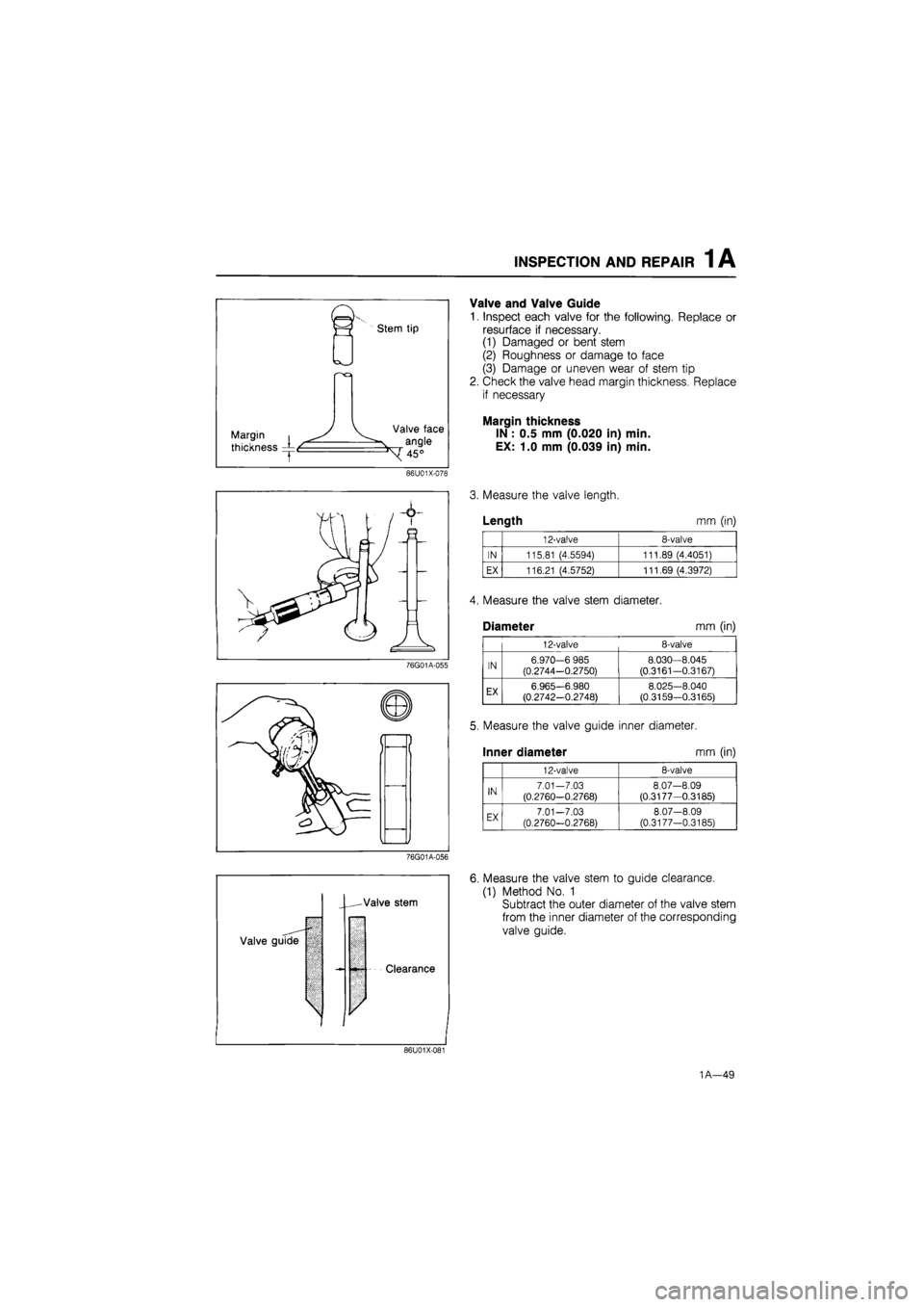 MAZDA 626 1987 Manual Online
INSPECTION AND REPAIR 1 A
Stem tip
Margin
thickness
Valve face
angle
45°
86U01X-078
76G01A-055
(
—SY/ in
76G01A-056
Valve guide
-Valve stem
Clearance
V
Valve and Valve Guide
1. MAZDA 626 1987 Manual Online
INSPECTION AND REPAIR 1 A
Stem tip
Margin
thickness
Valve face
angle
45°
86U01X-078
76G01A-055
(
—SY/ in
76G01A-056
Valve guide
-Valve stem
Clearance
V
Valve and Valve Guide
1.