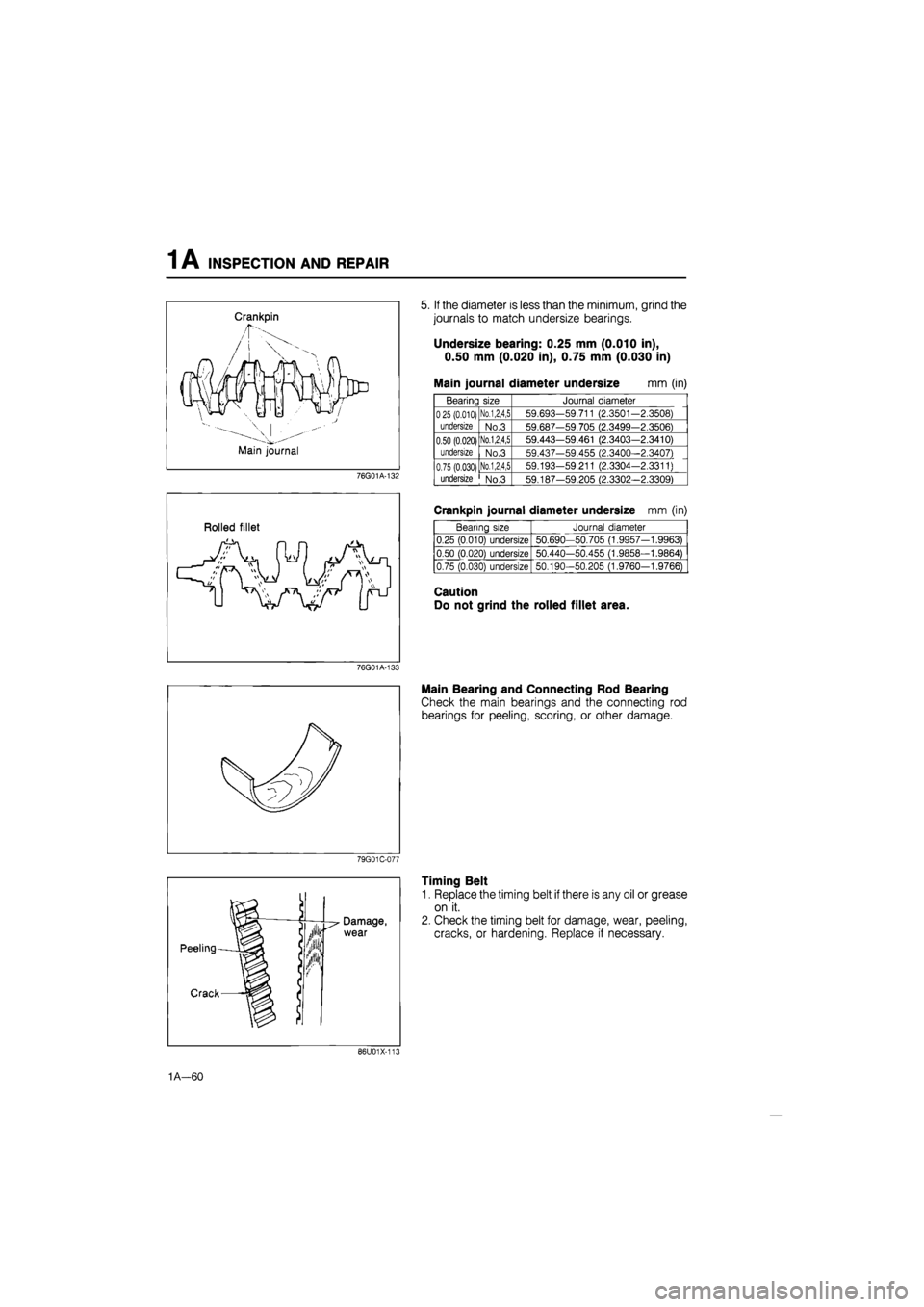 MAZDA 626 1987 Owners Manual
INSPECTION AND REPAIR 1 A
Crankpin
,/f
Main journal
76G01A-132
5. If the diameter is less than the minimum, grind the
journals to match undersize bearings.
Undersize bearing: 0.25 mm (0.010 in MAZDA 626 1987 Owners Manual
INSPECTION AND REPAIR 1 A
Crankpin
,/f
Main journal
76G01A-132
5. If the diameter is less than the minimum, grind the
journals to match undersize bearings.
Undersize bearing: 0.25 mm (0.010 in