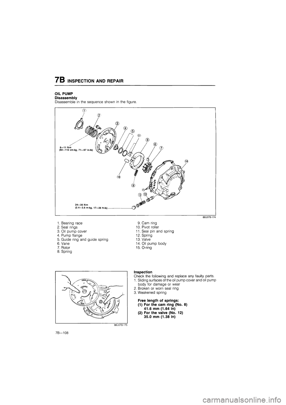 MAZDA 626 1987  Workshop Manual 
7B INSPECTION AND REPAIR 
OIL PUMP 
Disassembly 
Disassemble in the sequence shown in the figure. 
8—11 Nm (82—112 cm-kg, 71—97 in-lb) 
24—35 N-m (2.4-3.6 m-kg, 17-26 ft-lb) 
1. Bearing race 