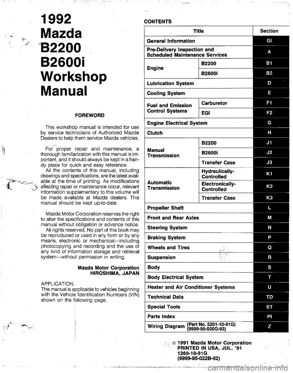 MAZDA B2200 1992  Workshop Manual 