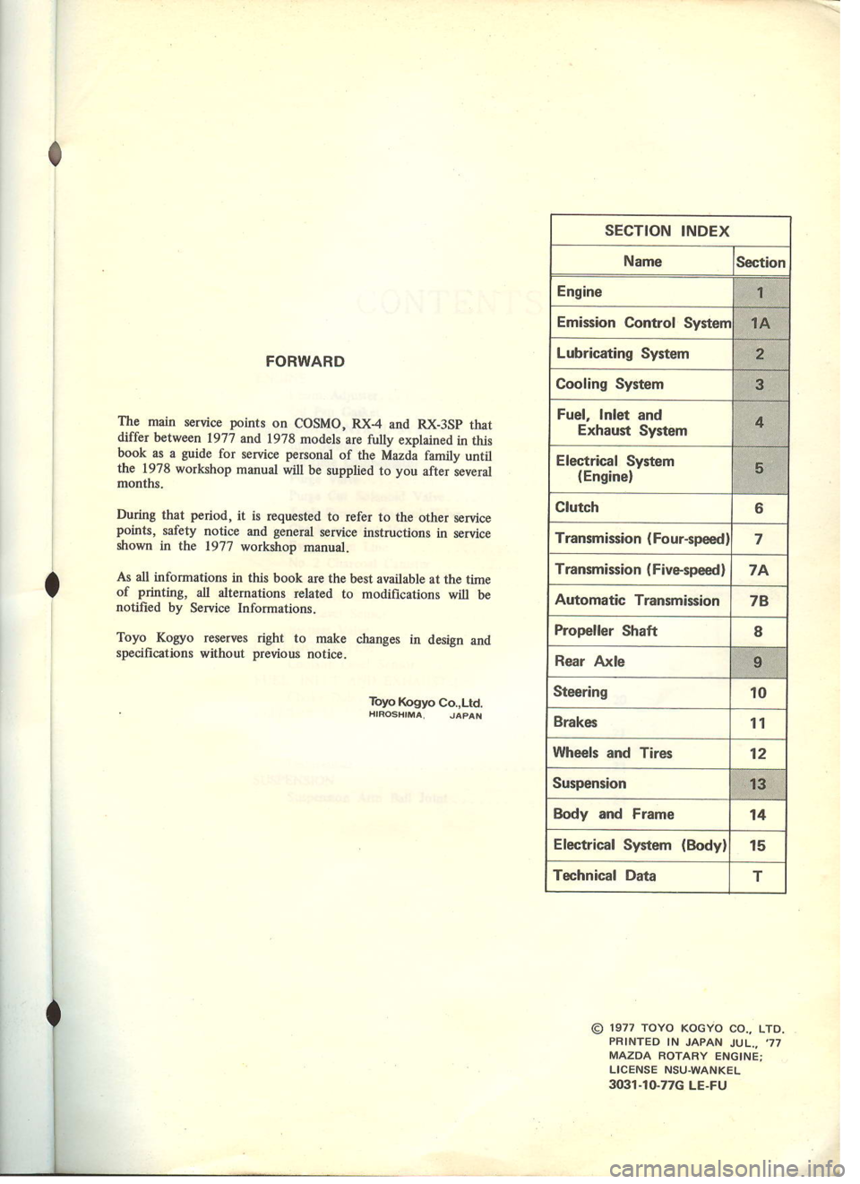 MAZDA COSMO 1978 Service Highlights Manual MAZDA COSMO 1978 Service Highlights Manual