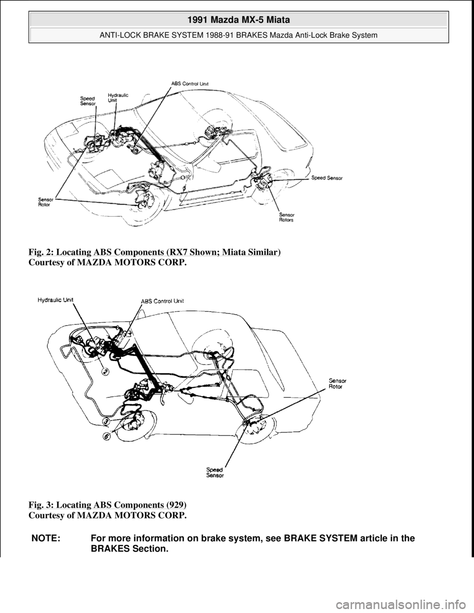MAZDA MIATA 1991 Factory User Guide Fig. 2: Locating ABS Components (RX7 Shown; Miata Similar)
Courtesy of MAZDA MOTORS CORP.
Fig. 3: Locating ABS Components (929)
Courtesy of MAZDA MOTORS CORP.
NOTE: For more information on brake MAZDA MIATA 1991 Factory User Guide Fig. 2: Locating ABS Components (RX7 Shown; Miata Similar)
Courtesy of MAZDA MOTORS CORP.
Fig. 3: Locating ABS Components (929)
Courtesy of MAZDA MOTORS CORP.
NOTE: For more information on brake