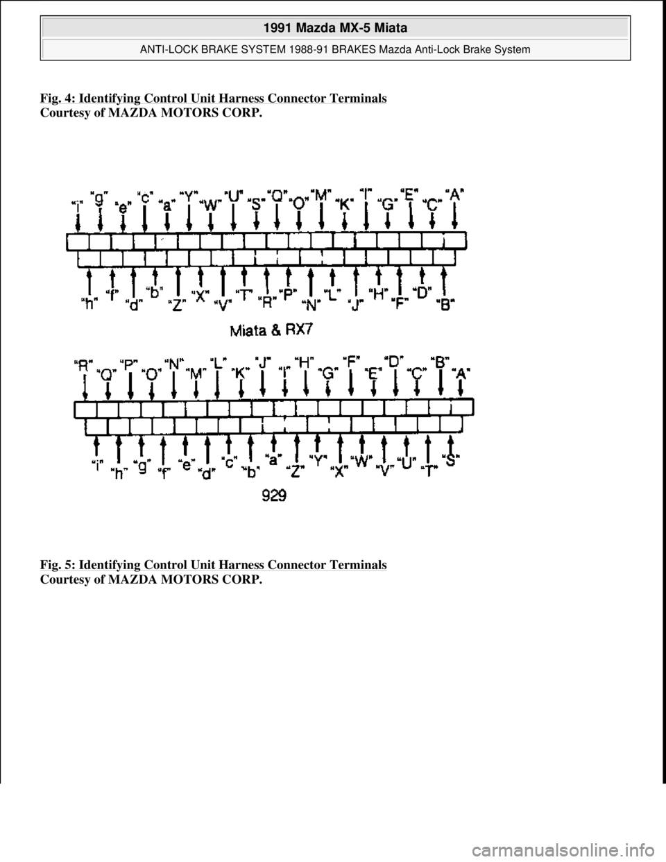 MAZDA MIATA 1991 Factory User Guide Fig. 4: Identifying Control Unit Harness Connector Terminals
Courtesy of MAZDA MOTORS CORP.
Fig. 5: Identifying Control Unit Harness Connector Terminals
Courtesy of MAZDA MOTORS CORP.
1991 Mazda MAZDA MIATA 1991 Factory User Guide Fig. 4: Identifying Control Unit Harness Connector Terminals
Courtesy of MAZDA MOTORS CORP.
Fig. 5: Identifying Control Unit Harness Connector Terminals
Courtesy of MAZDA MOTORS CORP.
1991 Mazda