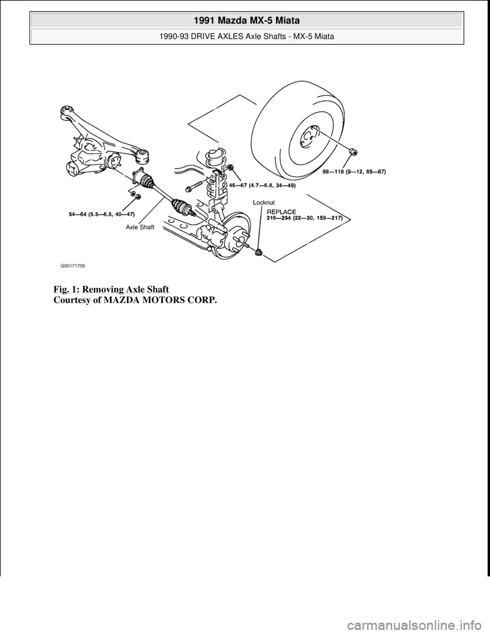 MAZDA MIATA 1991  Factory Service Manual Fig. 1: Removing Axle Shaft 
Courtesy of MAZDA MOTORS CORP.
 
1991 Mazda MX-5 Miata 
1990-93 DRIVE AXLES Axle Shafts - MX-5 Miata  
Microsoft  
Sunday, July 05, 2009 2:16:33 PMPage 2 © 2005 Mitchell 
