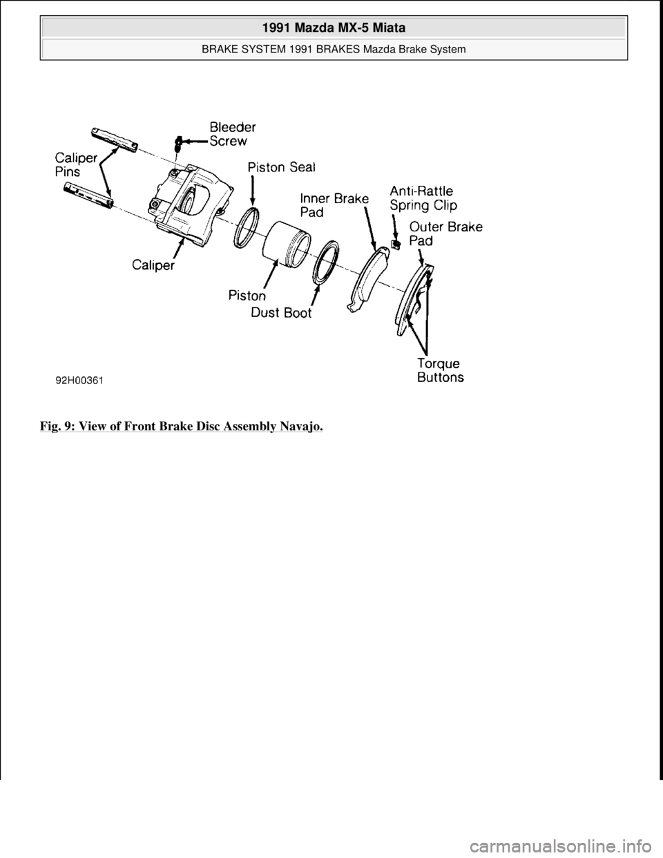 MAZDA MIATA 1991 Factory Service Manual Fig. 9: View of Front Brake Disc Assembly Navajo.
1991 Mazda MX-5 Miata
BRAKE SYSTEM 1991 BRAKES Mazda Brake System
Microsoft
Sunday, July 05, 2009 2:18:08 PMPage 15 © 2005 Mitchell Repair Inf MAZDA MIATA 1991 Factory Service Manual Fig. 9: View of Front Brake Disc Assembly Navajo.
1991 Mazda MX-5 Miata
BRAKE SYSTEM 1991 BRAKES Mazda Brake System
Microsoft
Sunday, July 05, 2009 2:18:08 PMPage 15 © 2005 Mitchell Repair Inf