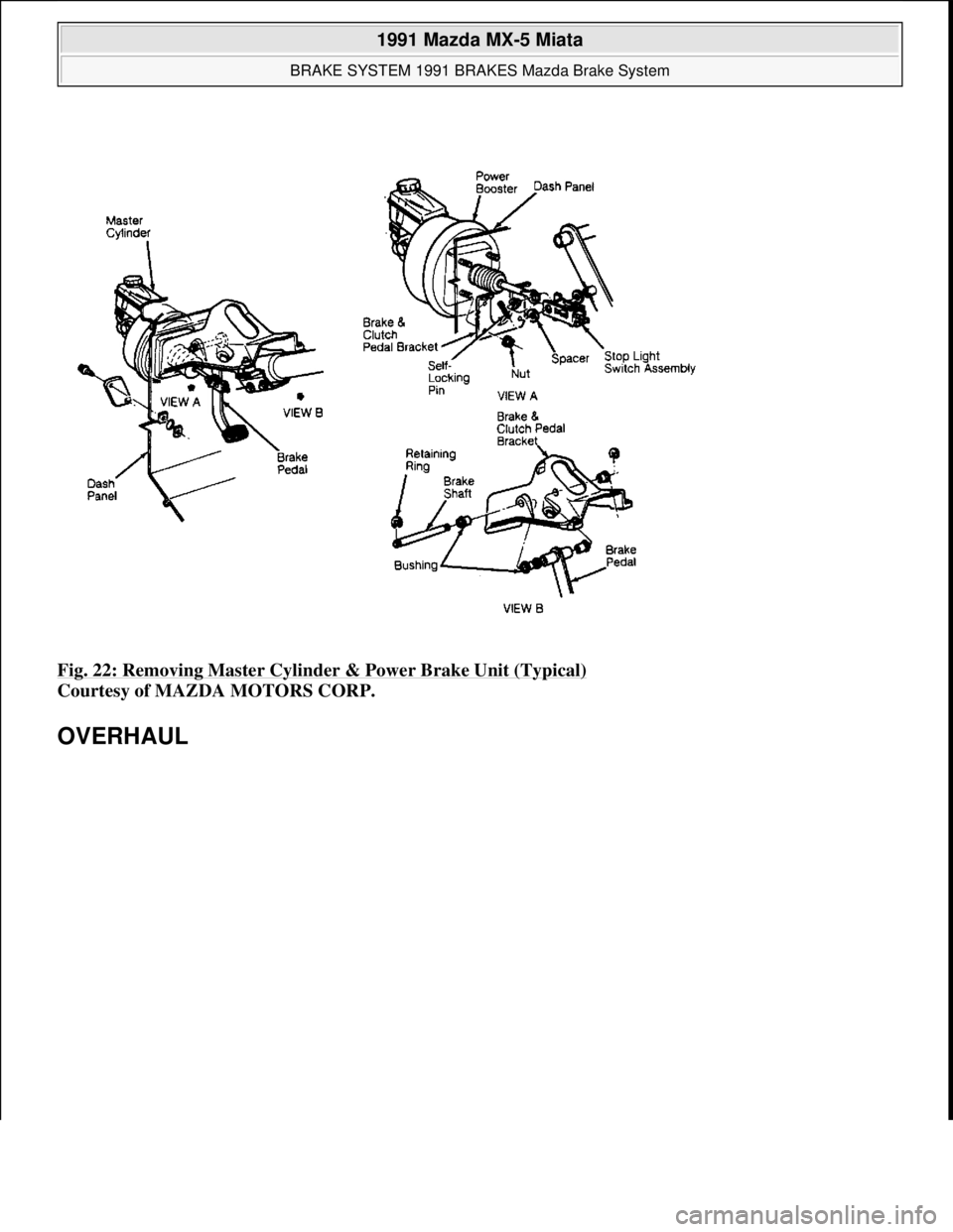 MAZDA MIATA 1991  Factory Service Manual Fig. 22: Removing Master Cylinder & Power Brake Unit (Typical) 
Courtesy of MAZDA MOTORS CORP. 
OVERHAUL 
 
1991 Mazda MX-5 Miata 
BRAKE SYSTEM 1991 BRAKES Mazda Brake System  
Microsoft  
Sunday, Jul