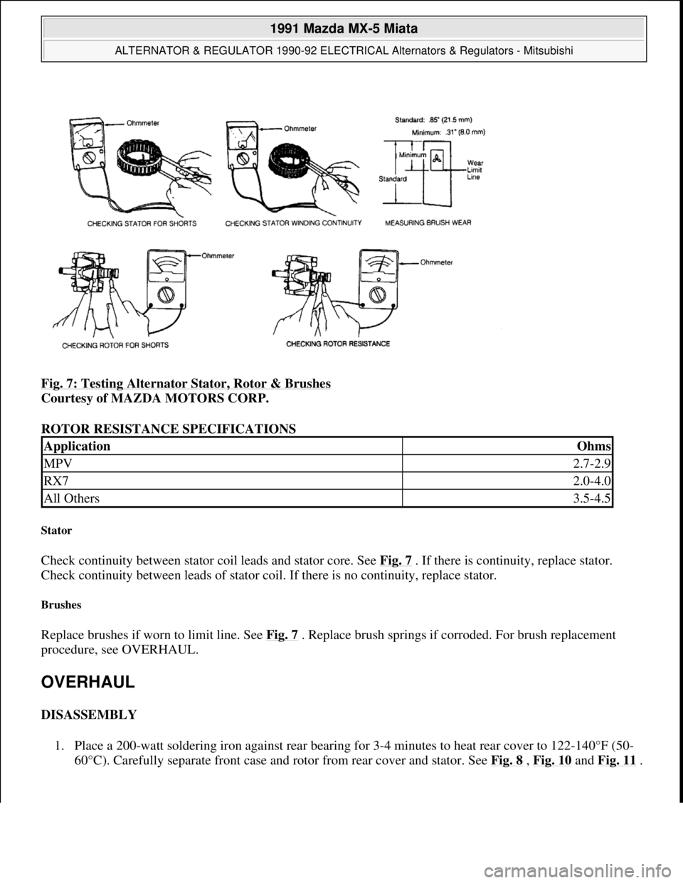MAZDA MIATA 1991  Factory Service Manual Fig. 7: Testing Alternator Stator, Rotor & Brushes 
Courtesy of MAZDA MOTORS CORP. 
ROTOR RESISTANCE SPECIFICATIONS 
Stator 
Check continuity between stator coil leads and stator core. See Fig. 7 . If