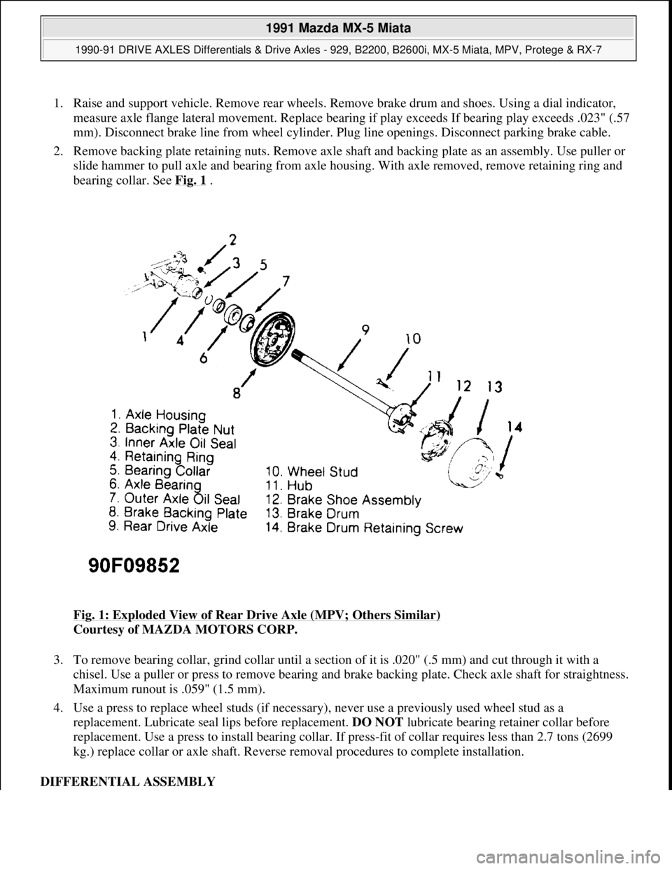 MAZDA MIATA 1991  Factory Service Manual 1. Raise and support vehicle. Remove rear wheels. Remove brake drum and shoes. Using a dial indicator, 
measure axle flange lateral movement. Replace bearing if play exceeds If bearing play exceeds .0