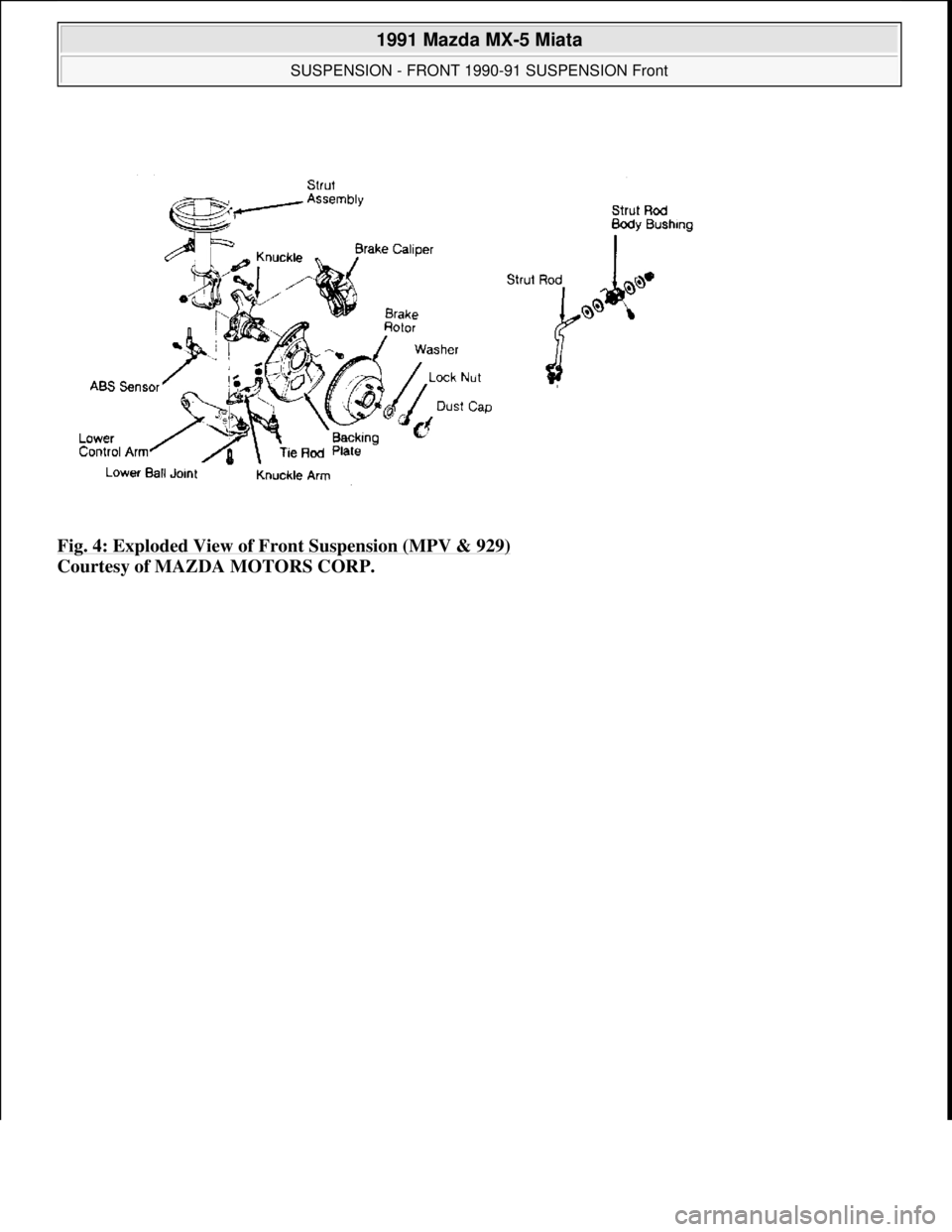 MAZDA MIATA 1991 Factory Service Manual Fig. 4: Exploded View of Front Suspension (MPV & 929)
Courtesy of MAZDA MOTORS CORP.
1991 Mazda MX-5 Miata
SUSPENSION - FRONT 1990-91 SUSPENSION Front
Microsoft
Sunday, July 05, 2009 2:08:54 MAZDA MIATA 1991 Factory Service Manual Fig. 4: Exploded View of Front Suspension (MPV & 929)
Courtesy of MAZDA MOTORS CORP.
1991 Mazda MX-5 Miata
SUSPENSION - FRONT 1990-91 SUSPENSION Front
Microsoft
Sunday, July 05, 2009 2:08:54