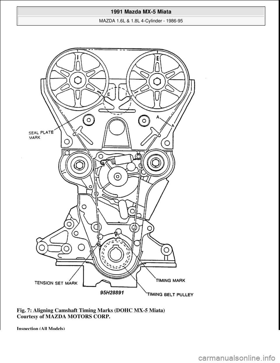 MAZDA MIATA 1991 Factory Service Manual Fig. 7: Aligning Camshaft Timing Marks (DOHC MX-5 Miata)
Courtesy of MAZDA MOTORS CORP.
Inspection (All Models)
1991 Mazda MX-5 Miata
MAZDA 1.6L & 1.8L 4-Cylinder - 1986-95
Microsoft
Sunday, MAZDA MIATA 1991 Factory Service Manual Fig. 7: Aligning Camshaft Timing Marks (DOHC MX-5 Miata)
Courtesy of MAZDA MOTORS CORP.
Inspection (All Models)
1991 Mazda MX-5 Miata
MAZDA 1.6L & 1.8L 4-Cylinder - 1986-95
Microsoft
Sunday,