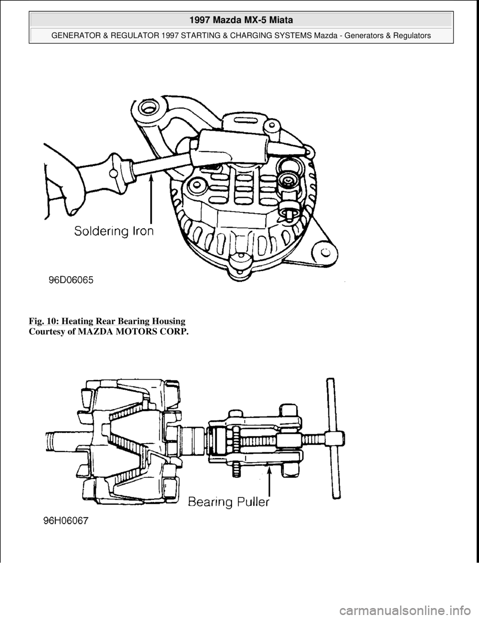 MAZDA MIATA 1997  Factory Repair Manual Fig. 10: Heating Rear Bearing Housing 
Courtesy of MAZDA MOTORS CORP. 
 
1997 Mazda MX-5 Miata 
GENERATOR & REGULATOR 1997 STARTING & CHARGING SYSTEMS Mazda - Generators & Regulators  
Microsoft  
Sun