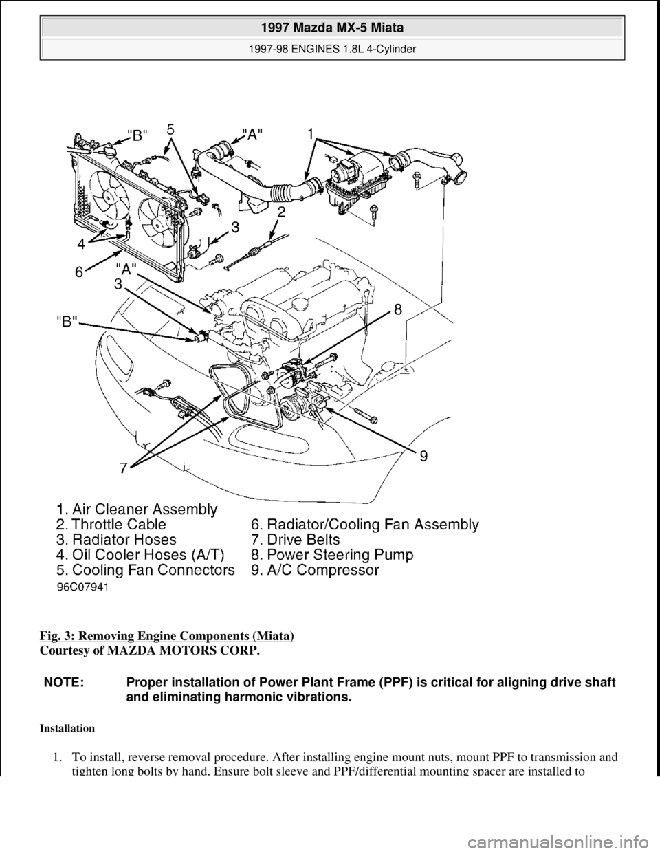MAZDA MIATA 1997 Factory Repair Manual Fig. 3: Removing Engine Components (Miata)
Courtesy of MAZDA MOTORS CORP.
Installation
1. To install, reverse removal procedure. After installing engine mount nuts, mount PPF to transmission and
t MAZDA MIATA 1997 Factory Repair Manual Fig. 3: Removing Engine Components (Miata)
Courtesy of MAZDA MOTORS CORP.
Installation
1. To install, reverse removal procedure. After installing engine mount nuts, mount PPF to transmission and
t