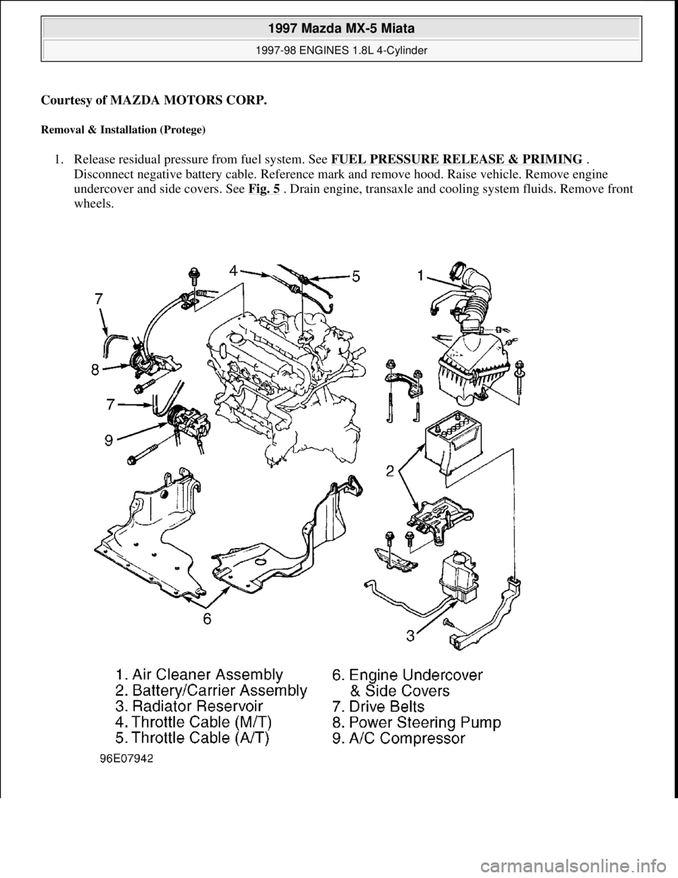 MAZDA MIATA 1997  Factory Repair Manual Courtesy of MAZDA MOTORS CORP. 
Removal & Installation (Protege) 
1. Release residual pressure from fuel system. See FUEL PRESSURE RELEASE & PRIMING . 
Disconnect negative battery cable. Reference mar