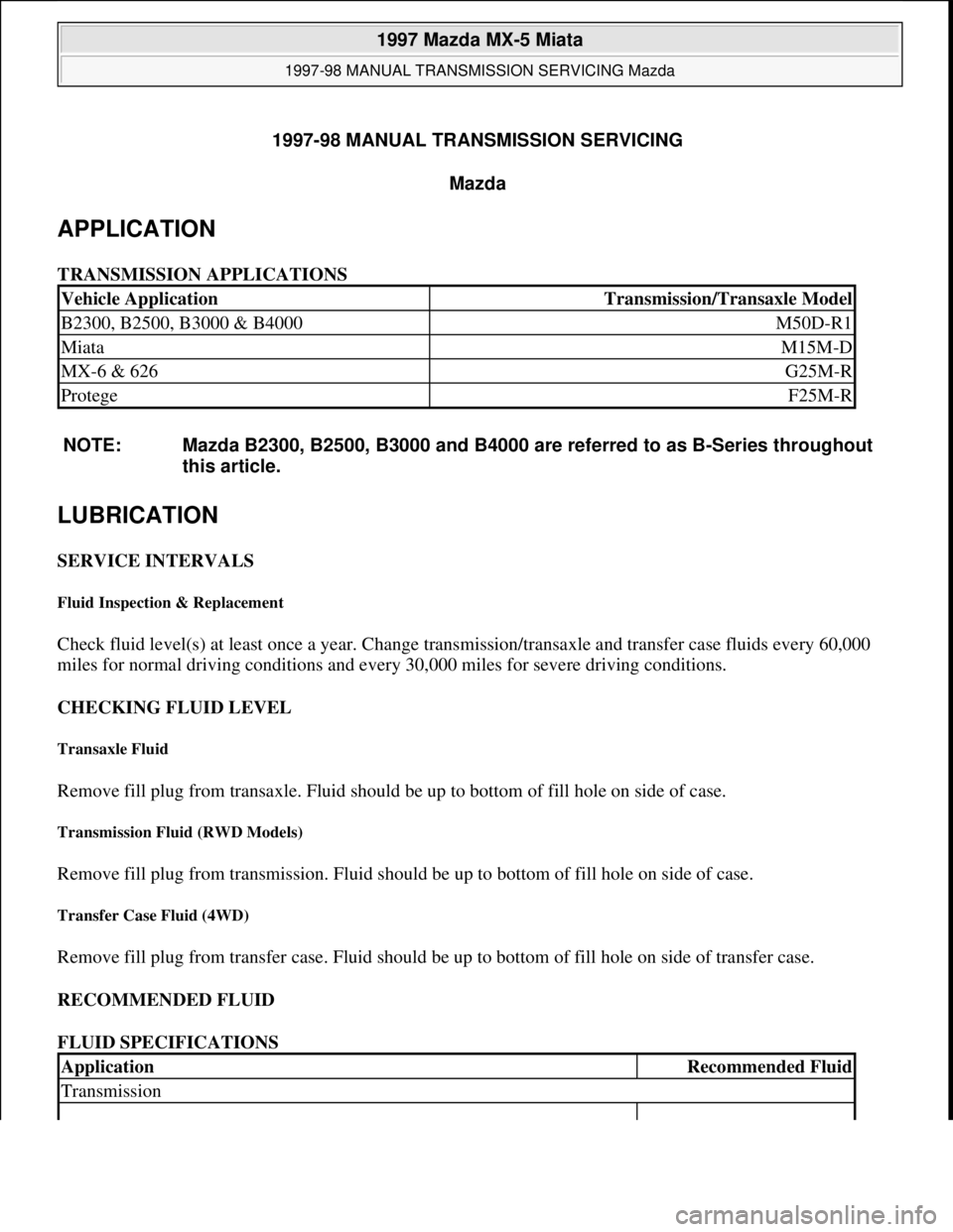 MAZDA MIATA 1997  Factory Repair Manual 1997-98 MANUAL TRANSMISSION SERVICING 
Mazda 
APPLICATION 
TRANSMISSION APPLICATIONS 
LUBRICATION 
SERVICE INTERVALS 
Fluid Inspection & Replacement 
Check fluid level(s) at least once a year. Change 