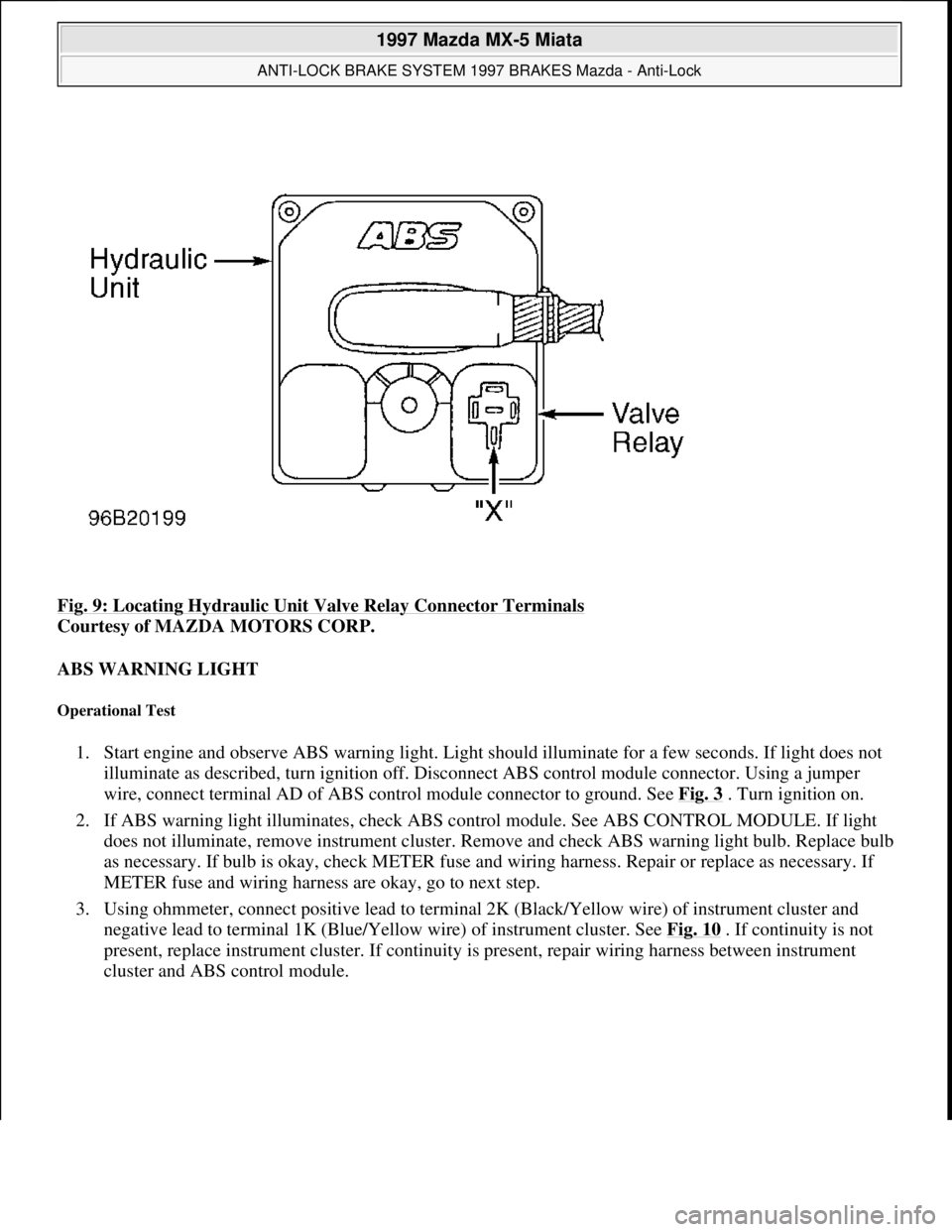 MAZDA MIATA 1997  Factory Owners Guide Fig. 9: Locating Hydraulic Unit Valve Relay Connector Terminals 
Courtesy of MAZDA MOTORS CORP. 
ABS WARNING LIGHT 
Operational Test 
1. Start engine and observe ABS warning light. Light should illumi