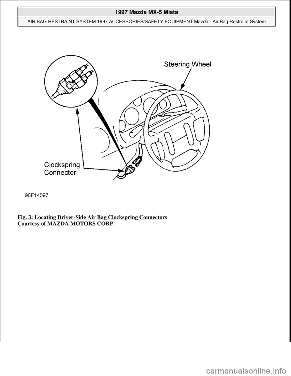 MAZDA MIATA 1997  Factory Repair Manual Fig. 3: Locating Driver-Side Air Bag Clockspring Connectors 
Courtesy of MAZDA MOTORS CORP.  
 
1997 Mazda MX-5 Miata 
AIR BAG RESTRAINT SYSTEM 1997 ACCESSORIES/SAFETY EQUIPMENT Mazda - Air Bag Restra