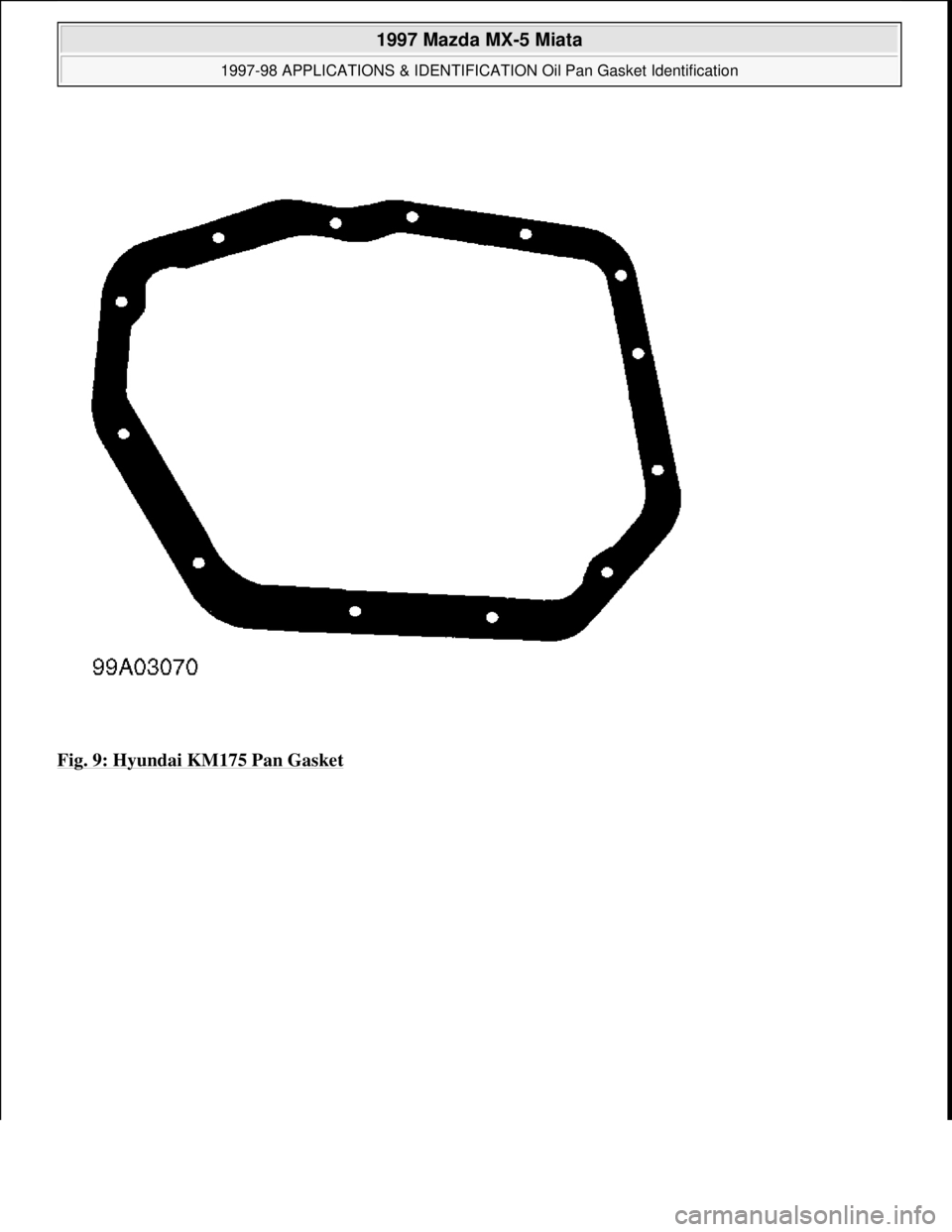 MAZDA MIATA 1997  Factory Repair Manual Fig. 9: Hyundai KM175 Pan Gasket 
 
1997 Mazda MX-5 Miata 
1997-98 APPLICATIONS & IDENTIFICATION Oil Pan Gasket Identification  
Microsoft  
Sunday, July 05, 2009 1:34:22 PMPage 9 © 2005 Mitchell Rep