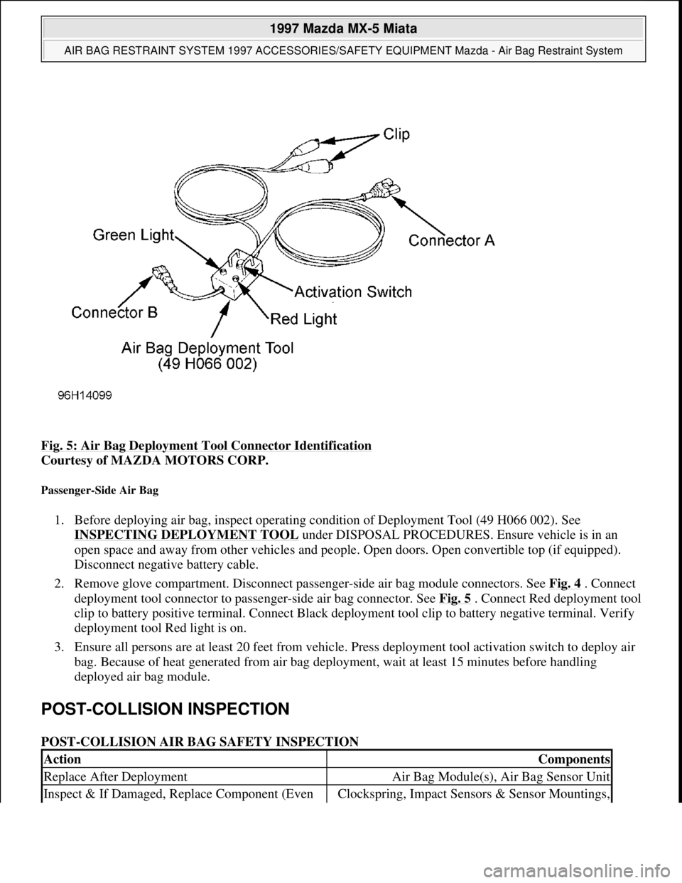 MAZDA MIATA 1997  Factory Repair Manual Fig. 5: Air Bag Deployment Tool Connector Identification 
Courtesy of MAZDA MOTORS CORP.  
Passenger-Side Air Bag 
1. Before deploying air bag, inspect operating condition of Deployment Tool (49 H066 