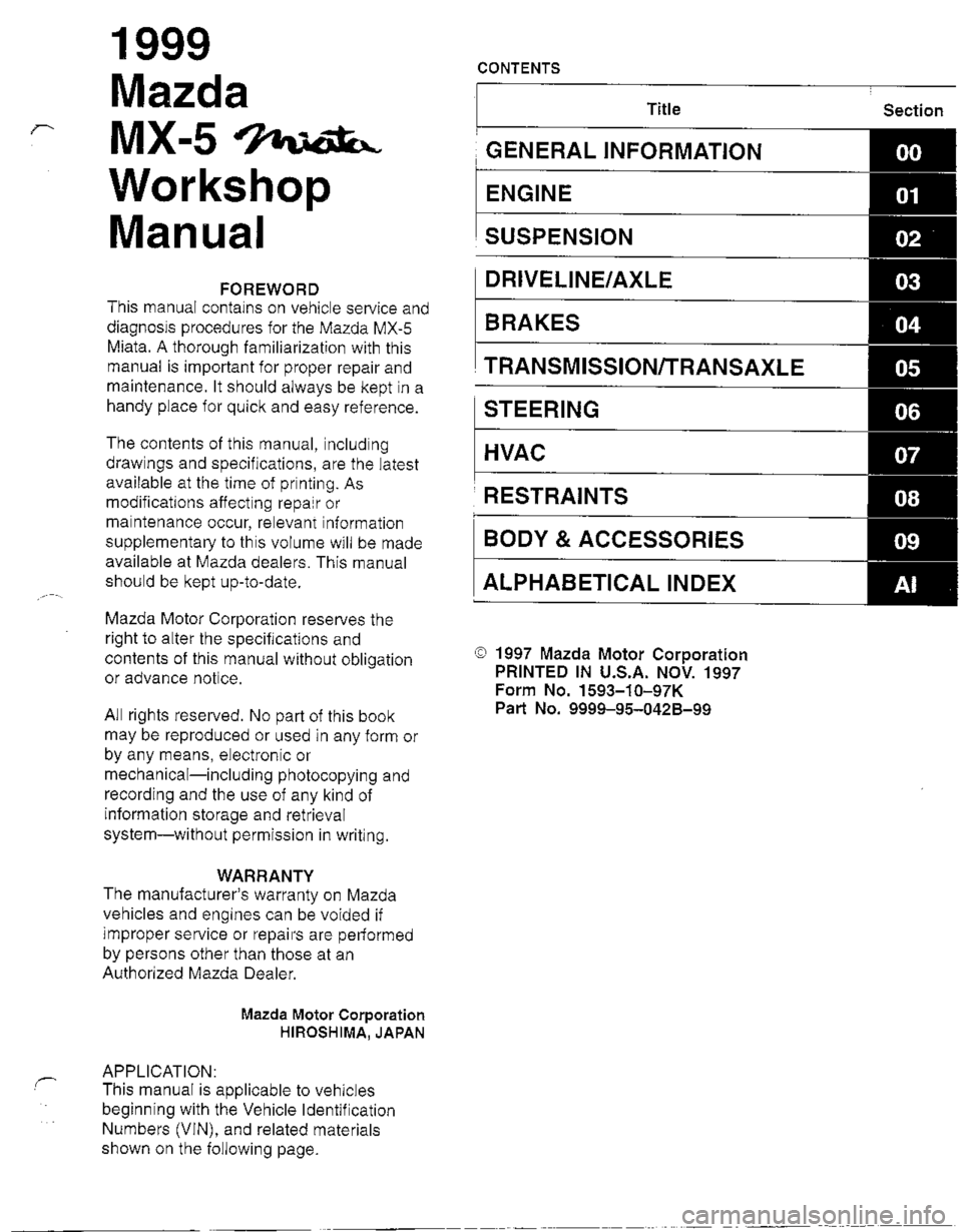 MAZDA MIATA 1999 Workshop Manual MAZDA MIATA 1999 Workshop Manual