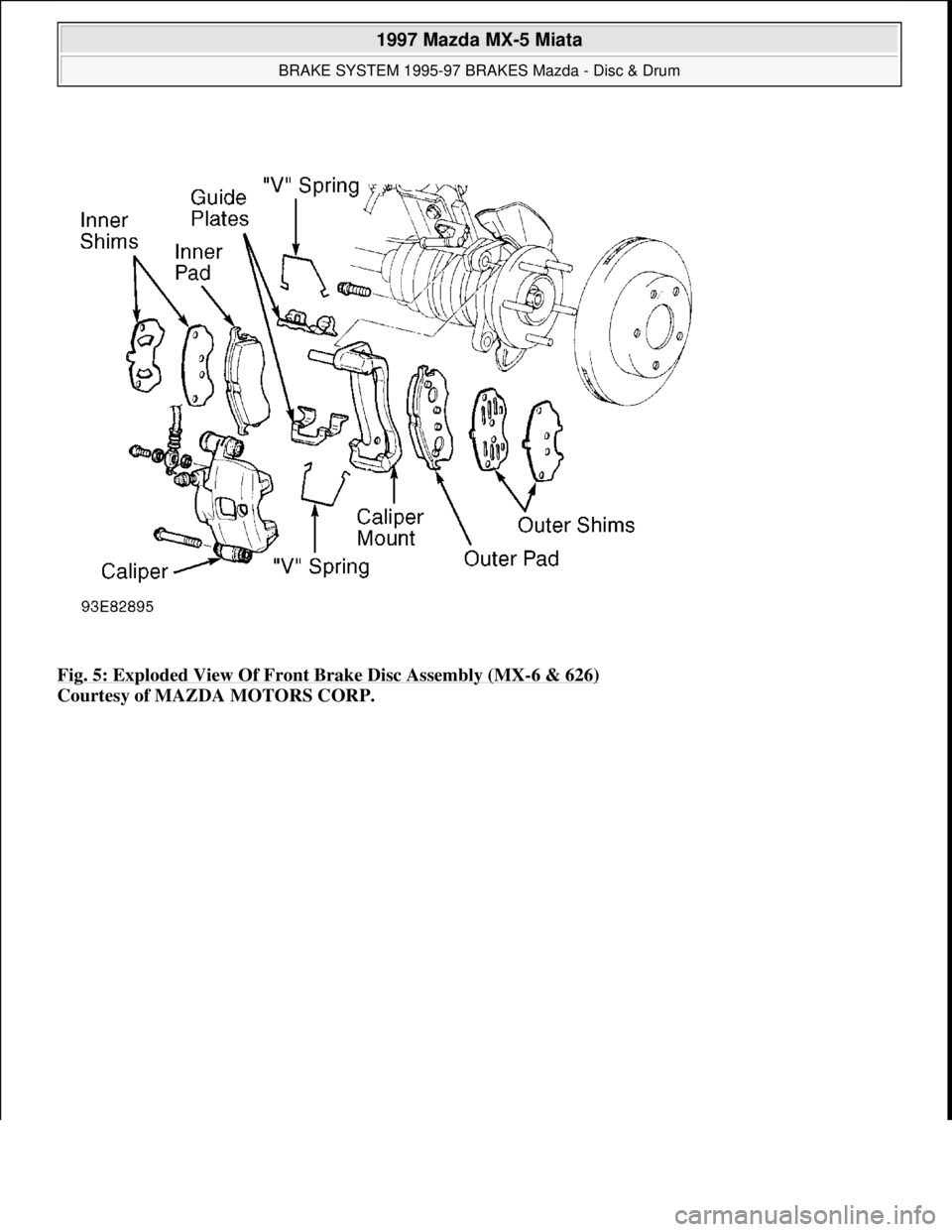 MAZDA MX-5 1997 Factory Repair Manual Fig. 5: Exploded View Of Front Brake Disc Assembly (MX-6 & 626)
Courtesy of MAZDA MOTORS CORP.
1997 Mazda MX-5 Miata
BRAKE SYSTEM 1995-97 BRAKES Mazda - Disc & Drum
Microsoft
Sunday, July 05, MAZDA MX-5 1997 Factory Repair Manual Fig. 5: Exploded View Of Front Brake Disc Assembly (MX-6 & 626)
Courtesy of MAZDA MOTORS CORP.
1997 Mazda MX-5 Miata
BRAKE SYSTEM 1995-97 BRAKES Mazda - Disc & Drum
Microsoft
Sunday, July 05,