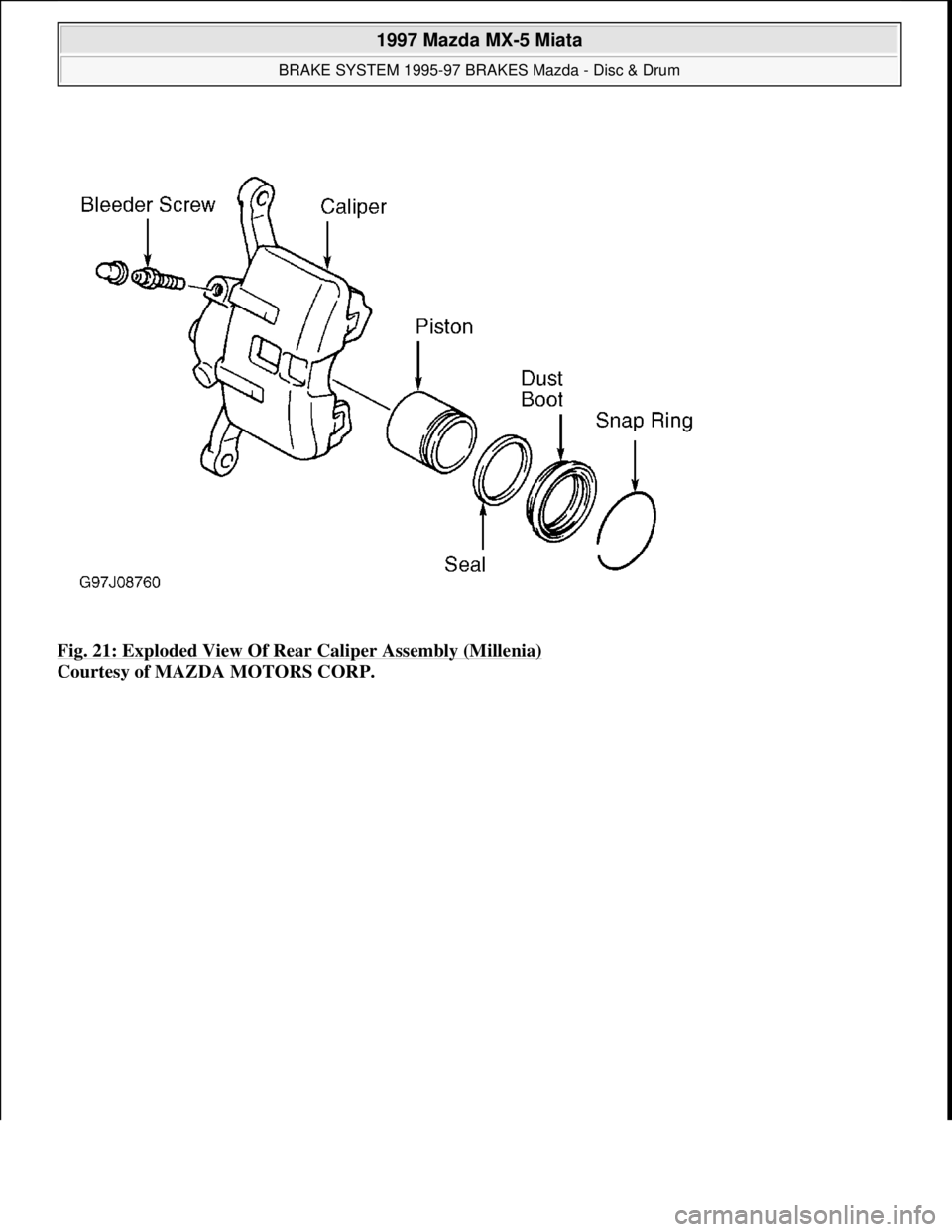 MAZDA MX-5 1997  Factory Repair Manual Fig. 21: Exploded View Of Rear Caliper Assembly (Millenia) 
Courtesy of MAZDA MOTORS CORP. 
 
1997 Mazda MX-5 Miata 
BRAKE SYSTEM 1995-97 BRAKES Mazda - Disc & Drum  
Microsoft  
Sunday, July 05, 2009