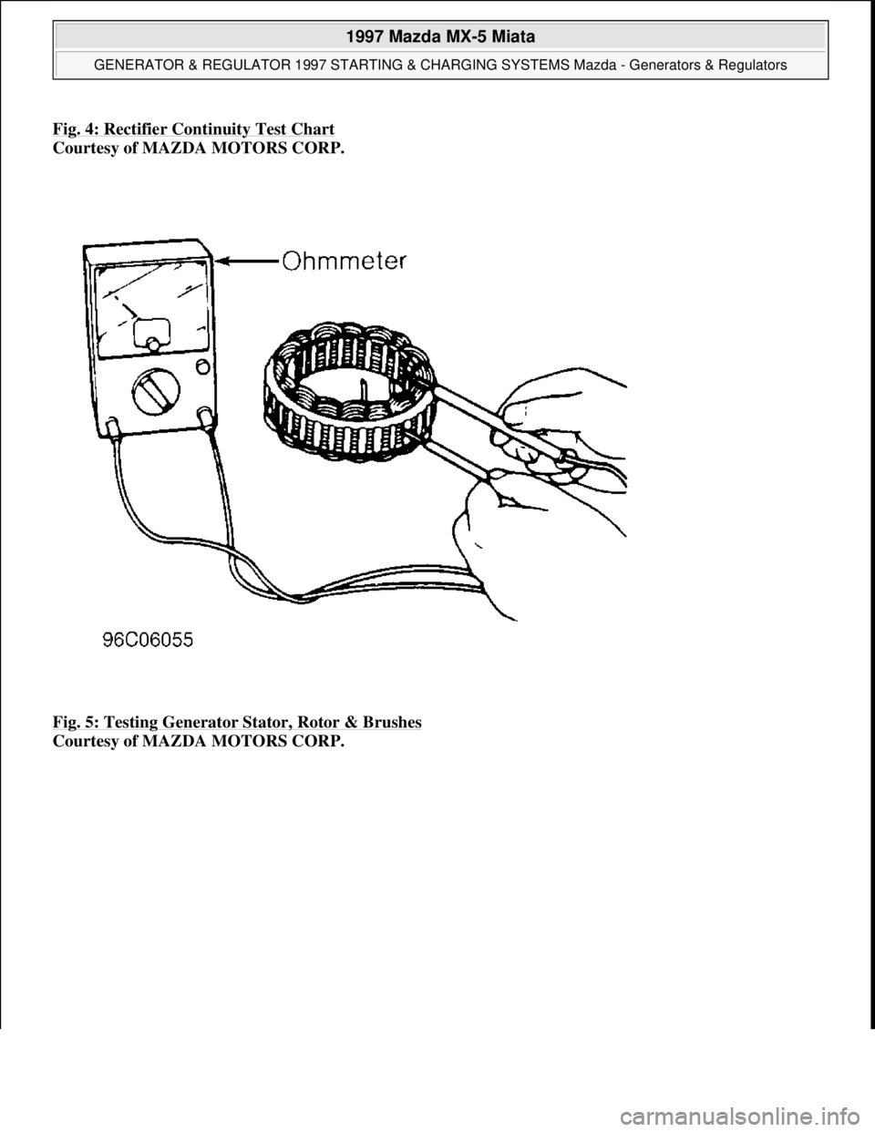 MAZDA MX-5 1997  Factory Repair Manual Fig. 4: Rectifier Continuity Test Chart 
Courtesy of MAZDA MOTORS CORP. 
Fig. 5: Testing Generator Stator, Rotor & Brushes
 
Courtesy of MAZDA MOTORS CORP. 
 
1997 Mazda MX-5 Miata 
GENERATOR & REGULA