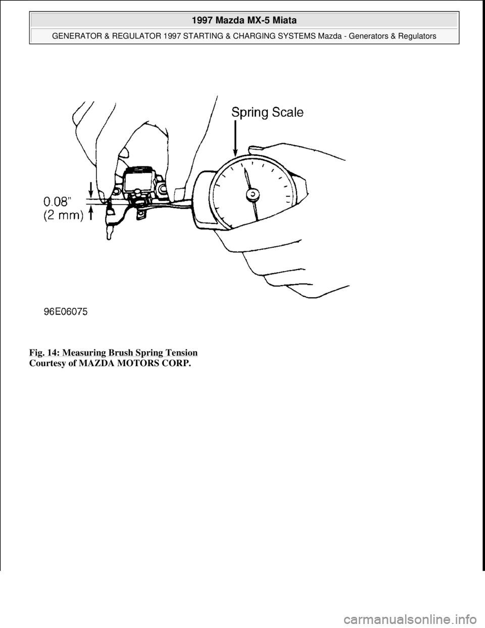 MAZDA MX-5 1997 Factory Repair Manual Fig. 14: Measuring Brush Spring Tension
Courtesy of MAZDA MOTORS CORP.
1997 Mazda MX-5 Miata
GENERATOR & REGULATOR 1997 STARTING & CHARGING SYSTEMS Mazda - Generators & Regulators
Microsoft
S MAZDA MX-5 1997 Factory Repair Manual Fig. 14: Measuring Brush Spring Tension
Courtesy of MAZDA MOTORS CORP.
1997 Mazda MX-5 Miata
GENERATOR & REGULATOR 1997 STARTING & CHARGING SYSTEMS Mazda - Generators & Regulators
Microsoft
S