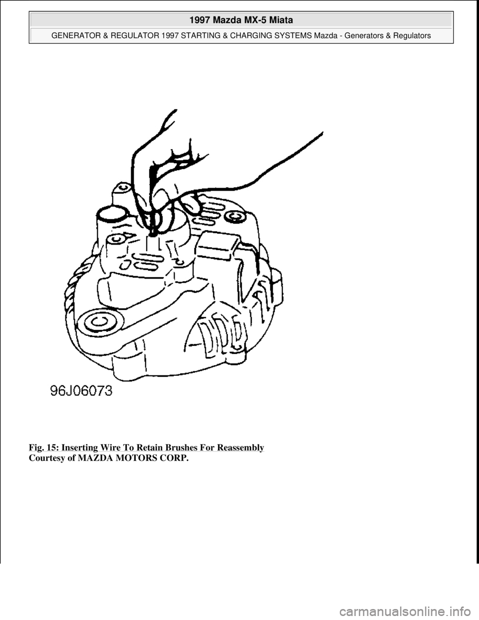 MAZDA MX-5 1997 Factory Repair Manual Fig. 15: Inserting Wire To Retain Brushes For Reassembly
Courtesy of MAZDA MOTORS CORP.
1997 Mazda MX-5 Miata
GENERATOR & REGULATOR 1997 STARTING & CHARGING SYSTEMS Mazda - Generators & Regulator MAZDA MX-5 1997 Factory Repair Manual Fig. 15: Inserting Wire To Retain Brushes For Reassembly
Courtesy of MAZDA MOTORS CORP.
1997 Mazda MX-5 Miata
GENERATOR & REGULATOR 1997 STARTING & CHARGING SYSTEMS Mazda - Generators & Regulator