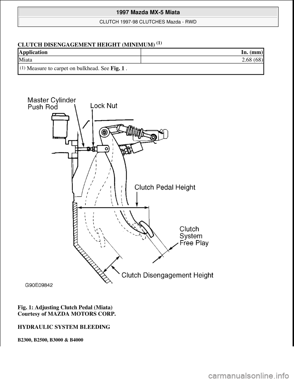 MAZDA MX-5 1997 Factory Repair Manual CLUTCH DISENGAGEMENT HEIGHT (MINIMUM) (1)
Fig. 1: Adjusting Clutch Pedal (Miata)
Courtesy of MAZDA MOTORS CORP.
HYDRAULIC SYSTEM BLEEDING
B2300, B2500, B3000 & B4000
ApplicationIn. (mm)
Miata2.6 MAZDA MX-5 1997 Factory Repair Manual CLUTCH DISENGAGEMENT HEIGHT (MINIMUM) (1)
Fig. 1: Adjusting Clutch Pedal (Miata)
Courtesy of MAZDA MOTORS CORP.
HYDRAULIC SYSTEM BLEEDING
B2300, B2500, B3000 & B4000
ApplicationIn. (mm)
Miata2.6