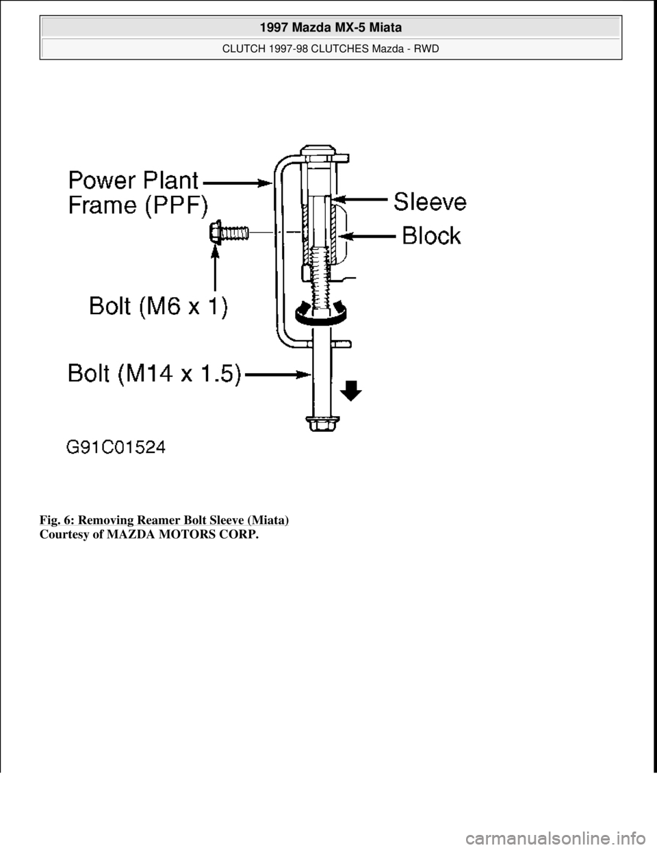 MAZDA MX-5 1997 Factory Repair Manual Fig. 6: Removing Reamer Bolt Sleeve (Miata)
Courtesy of MAZDA MOTORS CORP.
1997 Mazda MX-5 Miata
CLUTCH 1997-98 CLUTCHES Mazda - RWD
Microsoft
Sunday, July 05, 2009 1:36:47 PMPage 8 © 2005 M MAZDA MX-5 1997 Factory Repair Manual Fig. 6: Removing Reamer Bolt Sleeve (Miata)
Courtesy of MAZDA MOTORS CORP.
1997 Mazda MX-5 Miata
CLUTCH 1997-98 CLUTCHES Mazda - RWD
Microsoft
Sunday, July 05, 2009 1:36:47 PMPage 8 © 2005 M